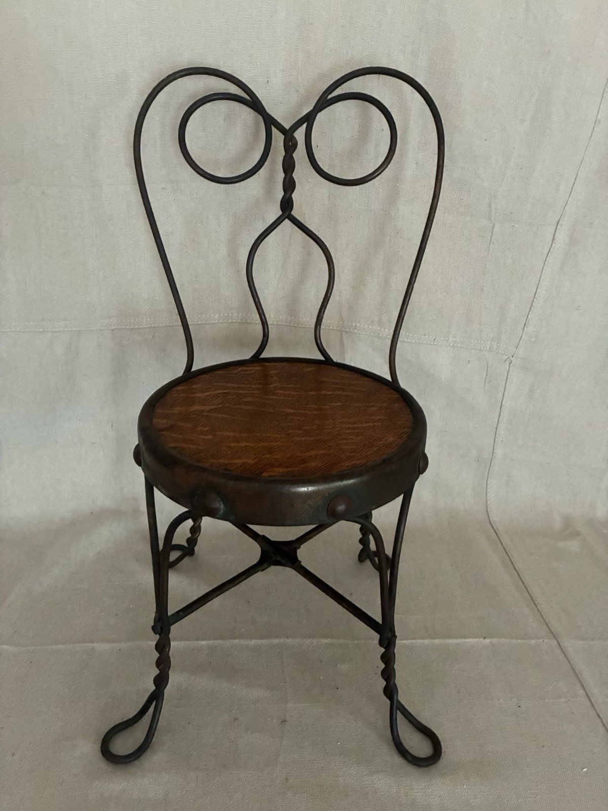 Antique Child’s Ice Cream Parlor Chair Wooden Seat Twisted Metal Frame