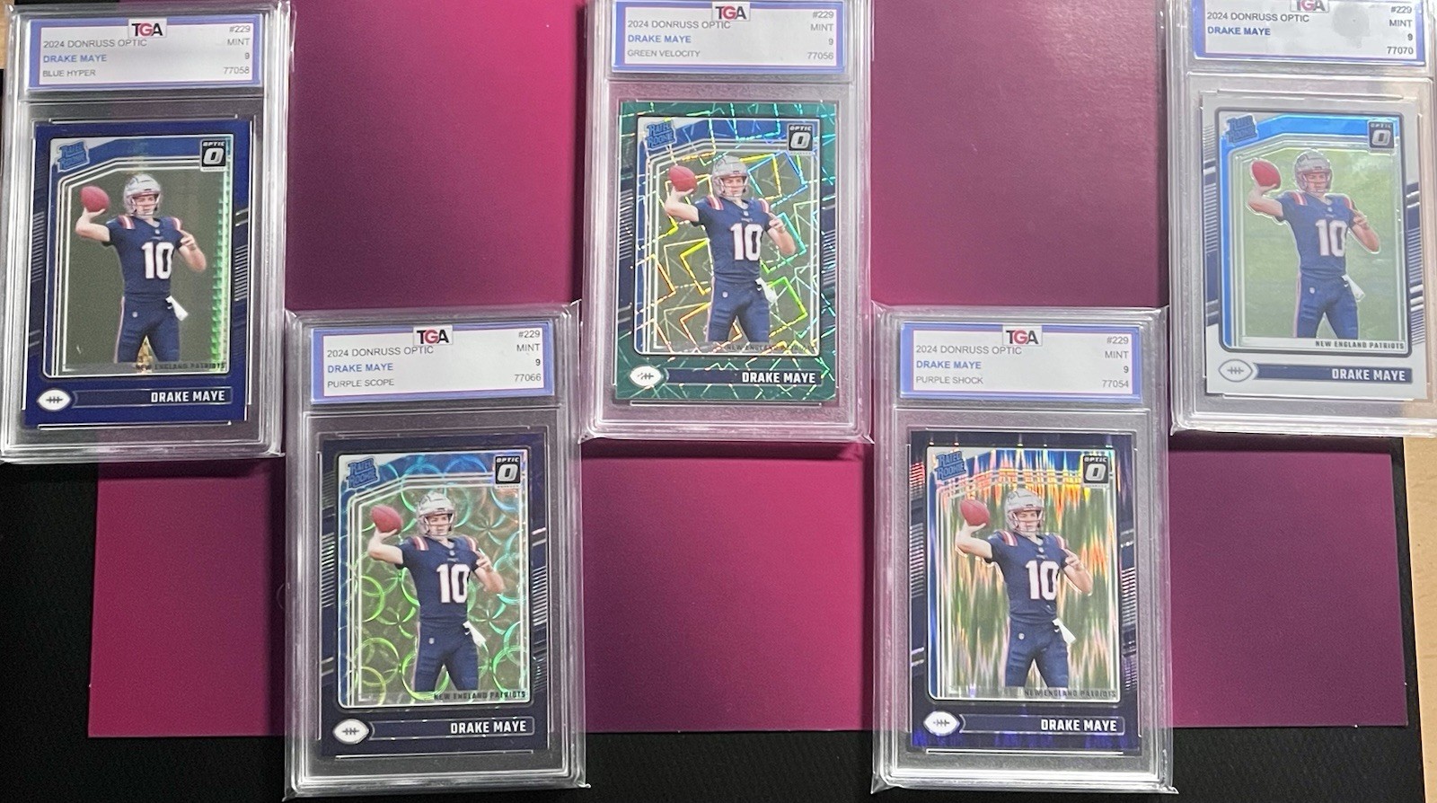 2024 Drake Maye Patriots TGA 9 Panini DR Optic 5-Card Partial Rainbow Lot #229
