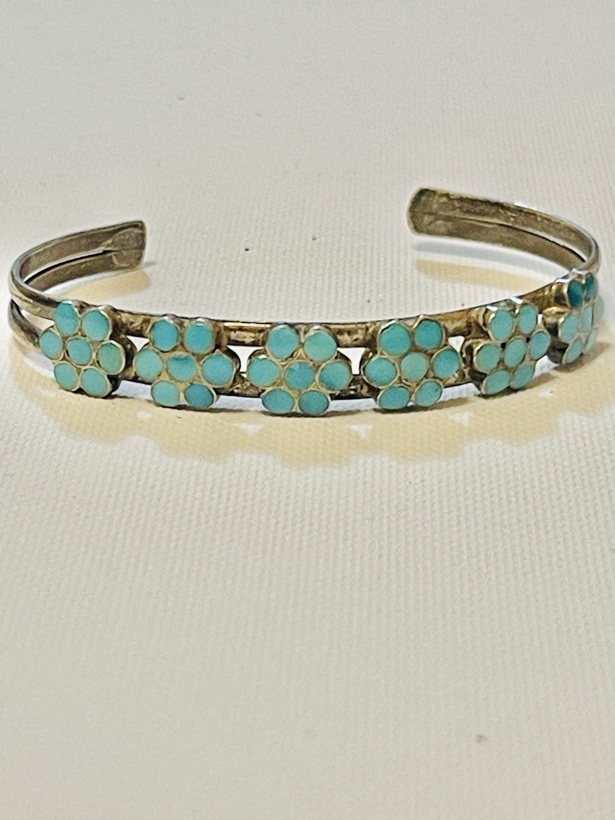 VTG Native American Zuni Sterling  Cuff Bracelet Turquoise Flowers Sz 5.75-6”