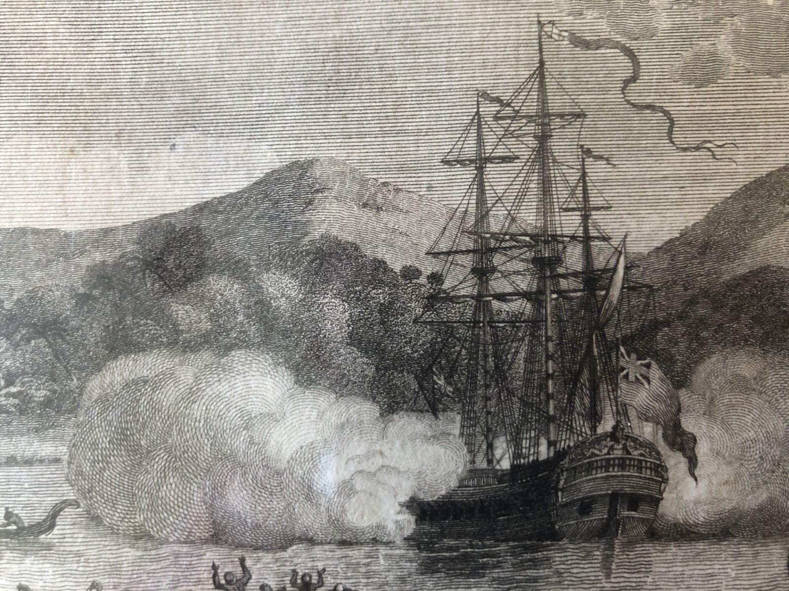 Antique 1789 engraving, Age Of Exploration, HMS Dolphin first contact w/ Tahiti