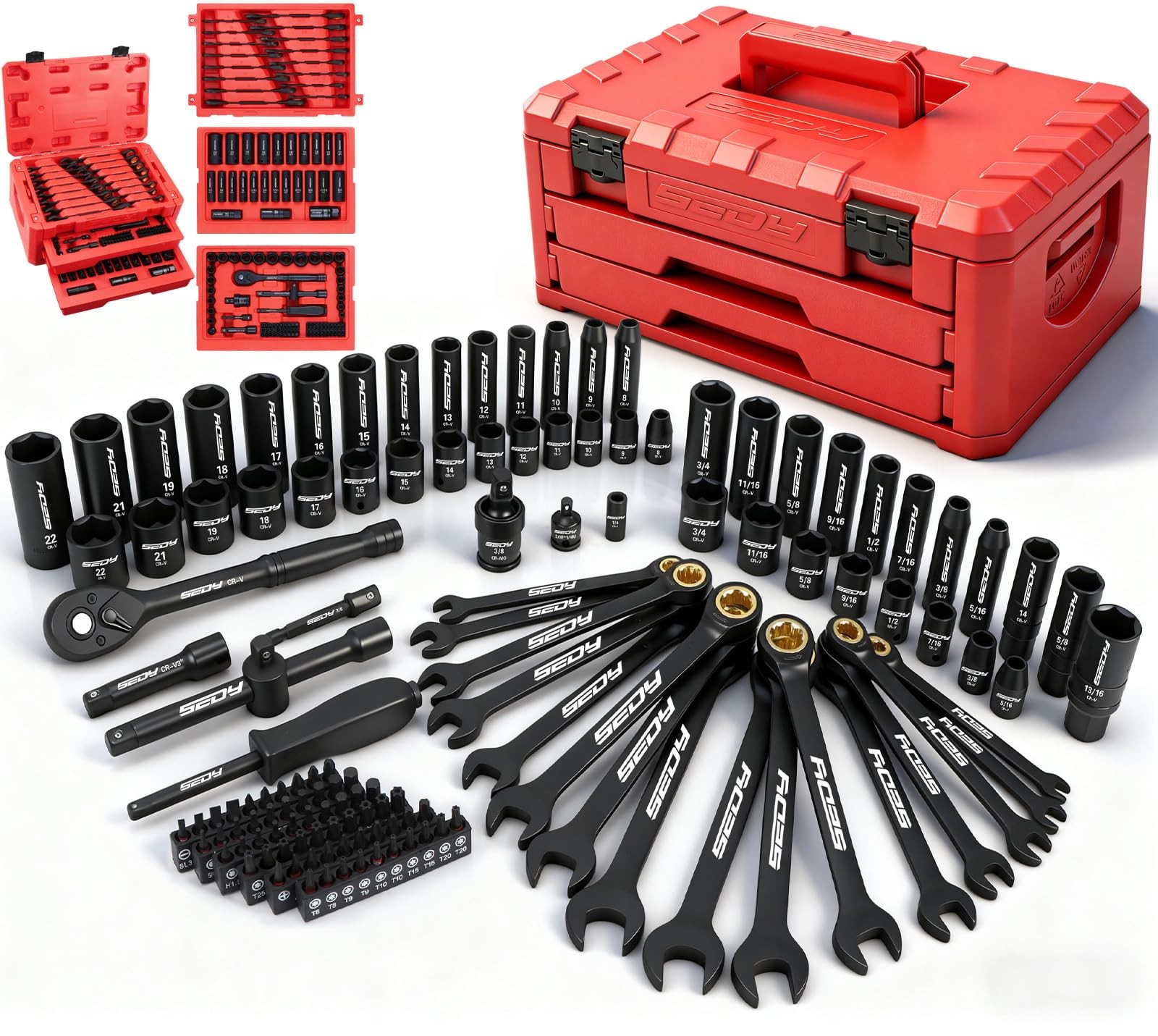 132pc Mechanics Tool Set SAE Metric Ratchet Wrenches Case