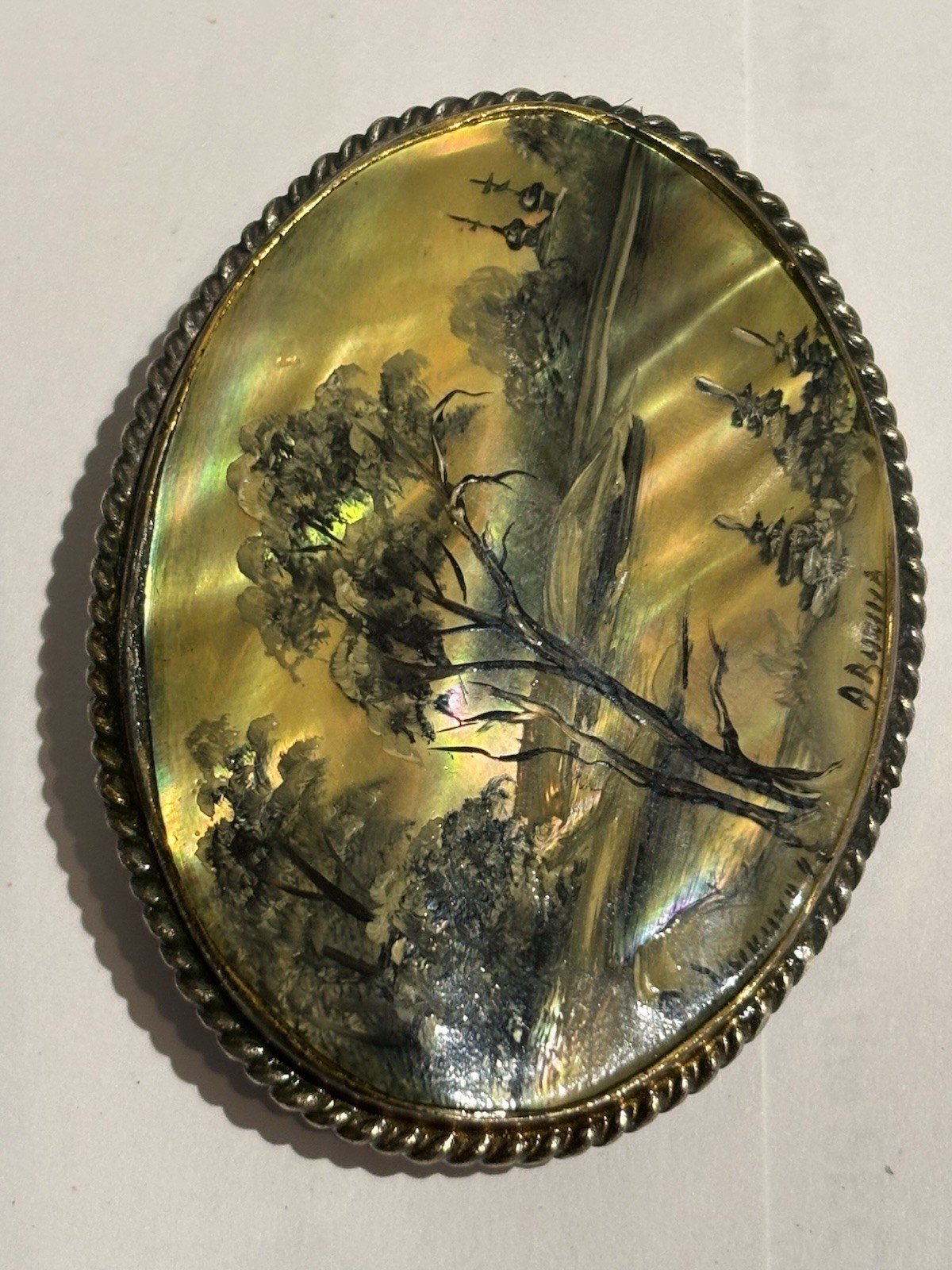 Vintage Russian Fedoskino Hand-Painted Mother-of-Pearl Miniature Brooch Signed