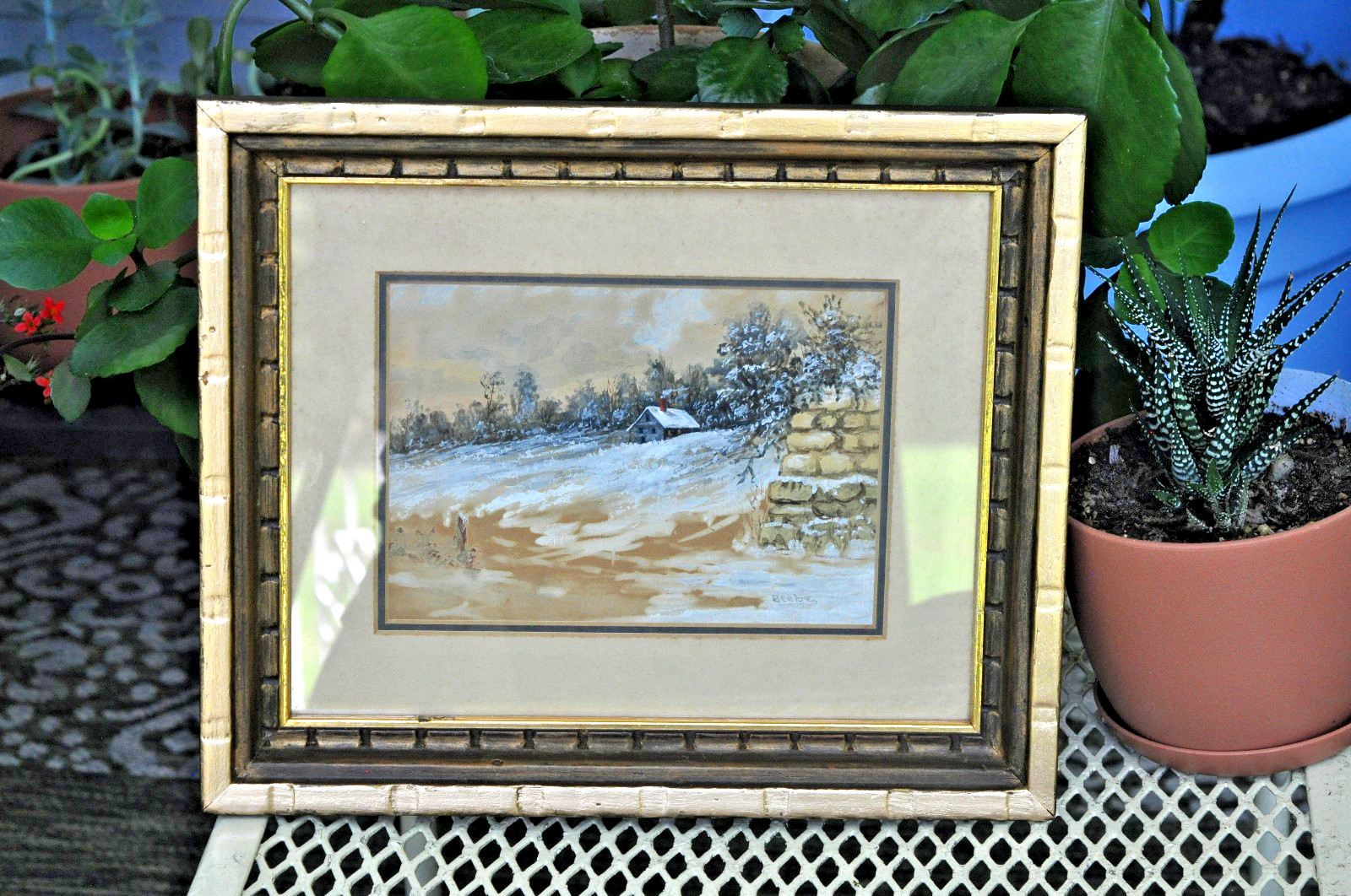 Rachel Beebe Watercolor Landscape With Cabin 5 Inches x 7 Inches Gilt Wood Frame Rachel Beebe Watercolor Landscape With Cabin 5 Inches x 7 Inches Gilt Wood Frame