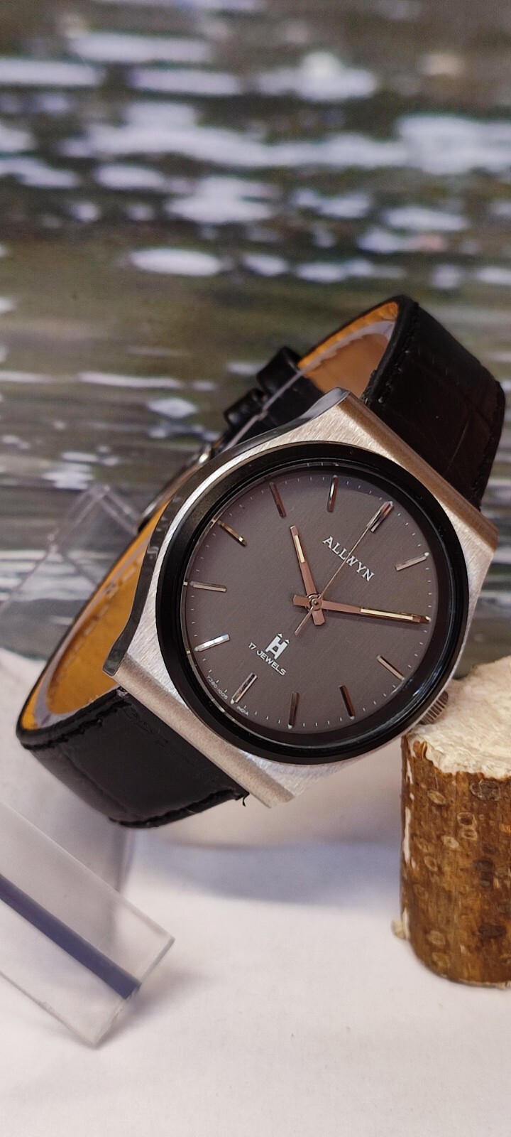 ALLWYN 17 JEWELS WINDING NOS GRAY DIAL Y380-6051 INDIA MEN\'S FULL WORKING VTG.