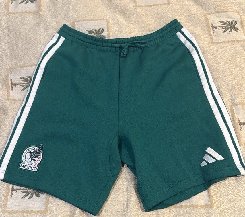adidas Mexico Soccer Shorts Green with White Stripes Polyester Size L adidas Mexico Soccer Shorts Green with White Stripes Polyester Size L