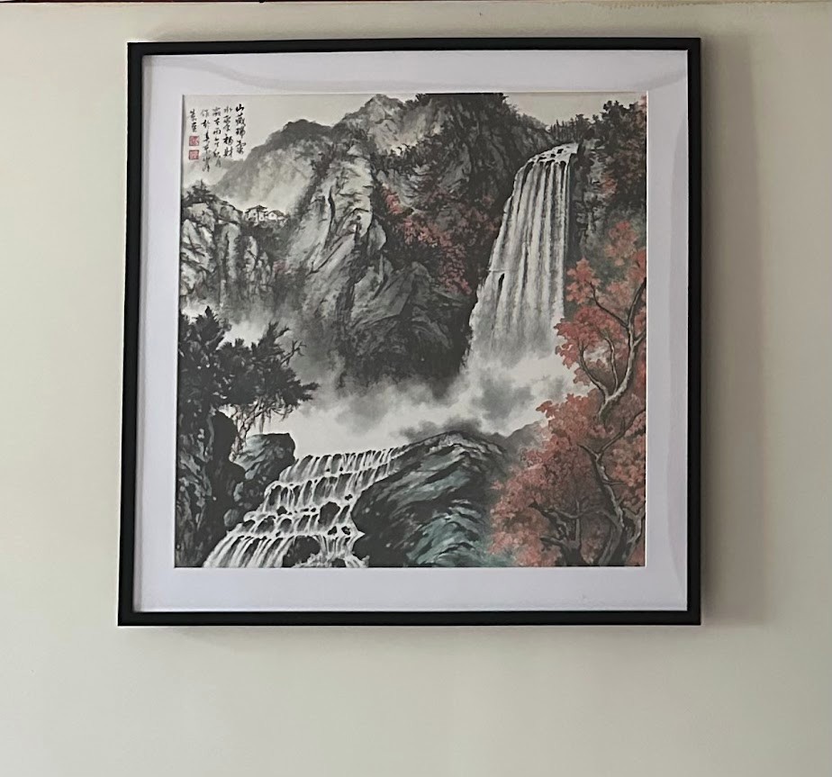 Framed Chinese Traditional Painting, village, waterfall and mountain landscape Framed Chinese Traditional Painting, village, waterfall and mountain landscape