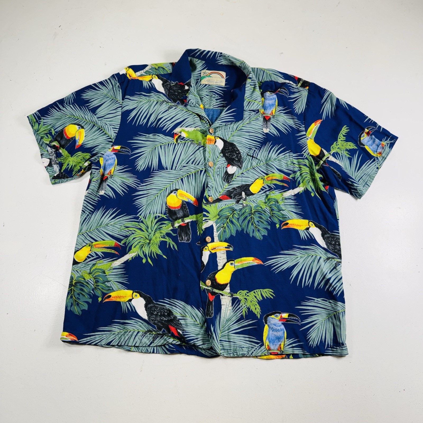 Vintage Paradise Found Hawaiian Shirt Men Large Blue Parrot Macaw Tropical Aloha Vintage Paradise Found Hawaiian Shirt Men Large Blue Parrot Macaw Tropical Aloha