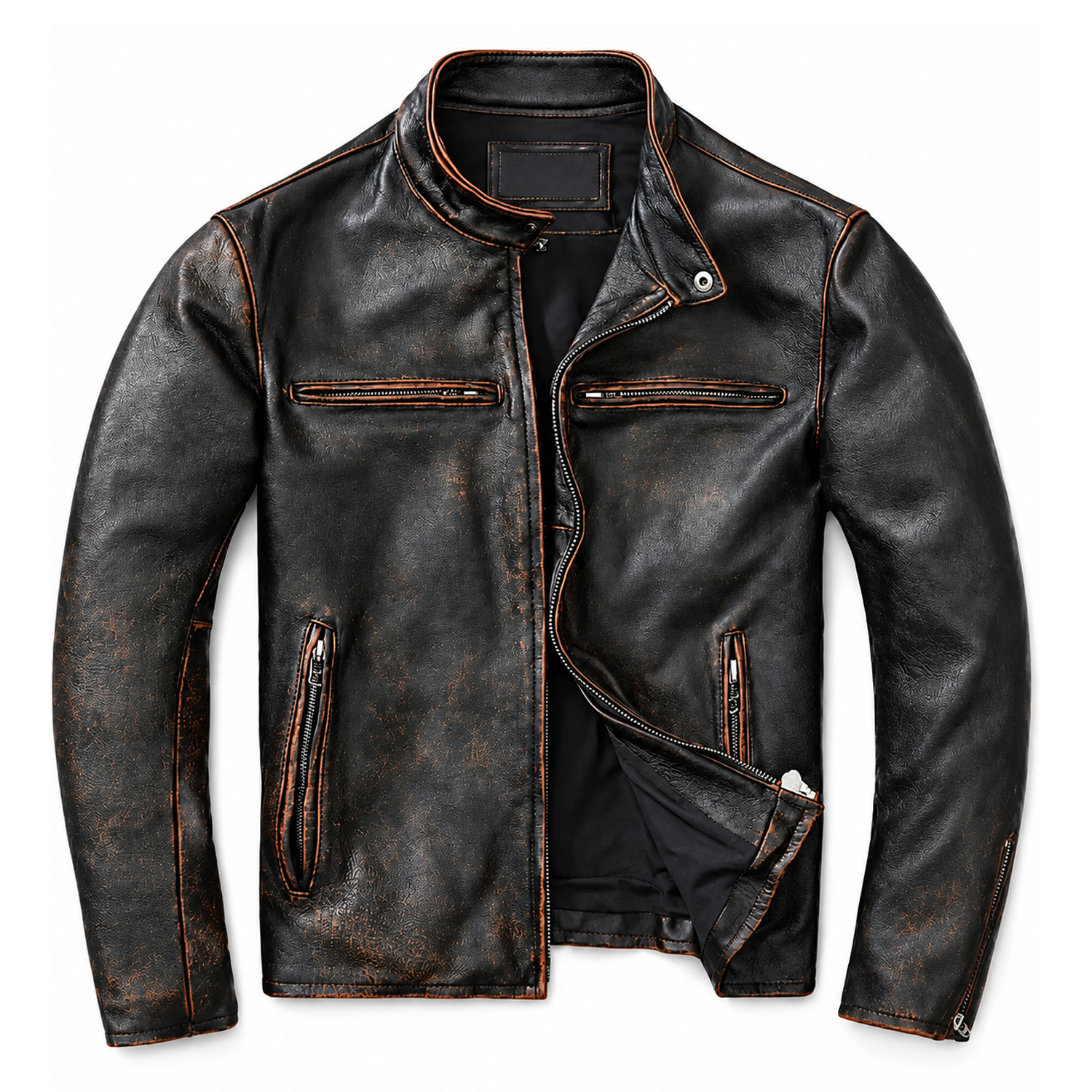 Cafe Racer Men\'s Motorcycle Biker Sheepskin Leather Jacket Distressed, Vintage