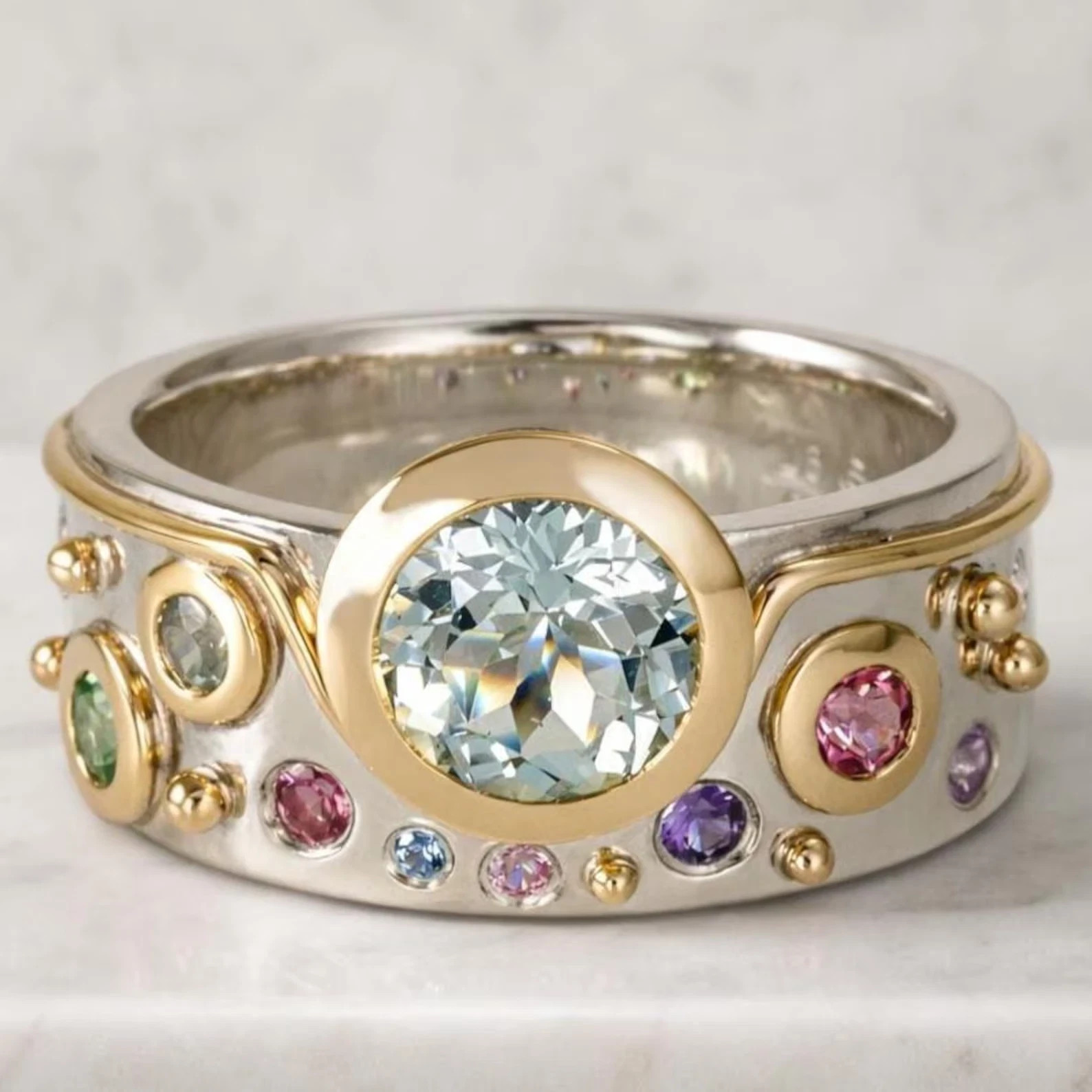 Round-Cut Multi-Gemstone & Diamond 14k Two-Tone Gold Plated