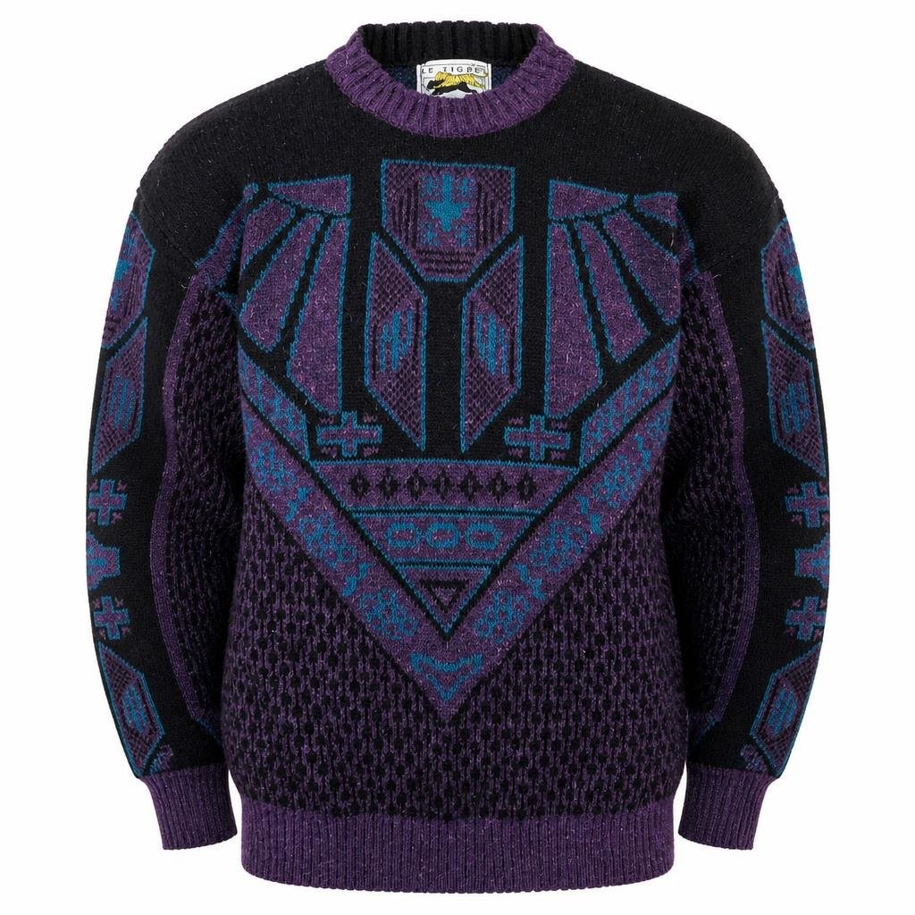 VTG Le Tigre Sweater Mens M Purple Geometric Knit Crewneck Made USA 90s Hip Hop