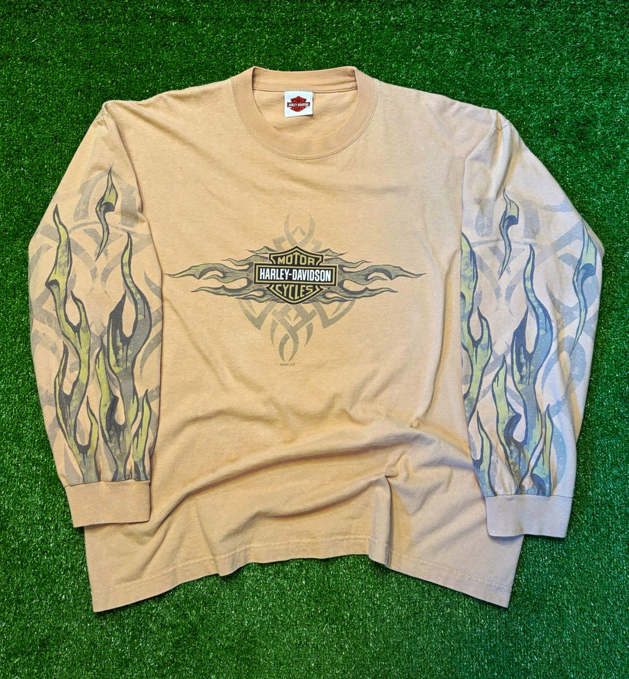 Vintage Harley Davidson Flaming Tribal Grunge Biker Tan Long Sleeve Large
