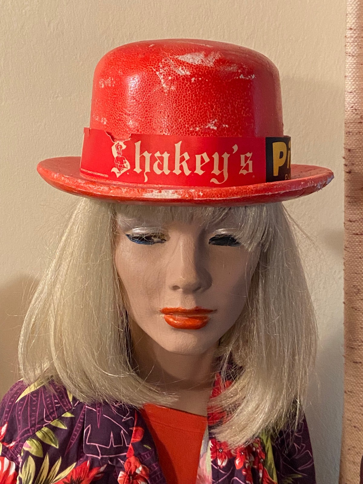 RARE Vintage RED Bowler Style Shakey’s Pizza Parlor Styrofoam Hat; Distress