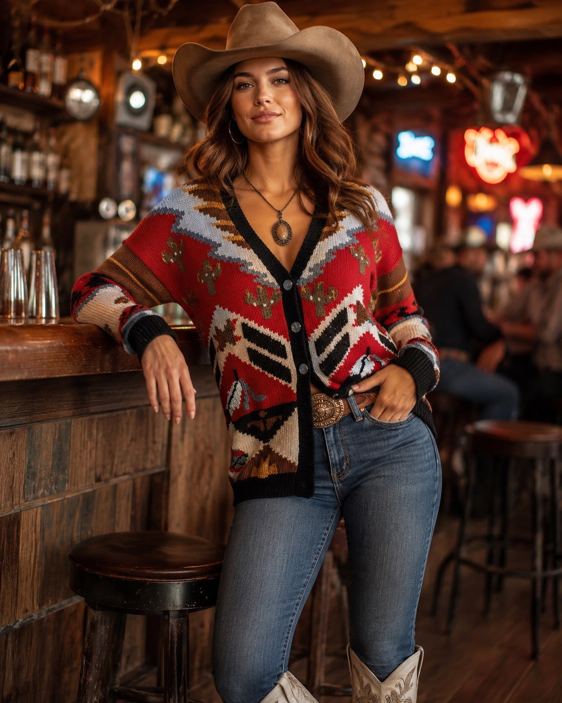 Vtg BEREK Hand Knit Western Cowboy Cardigan Sweater M Cactus 90s Embellished