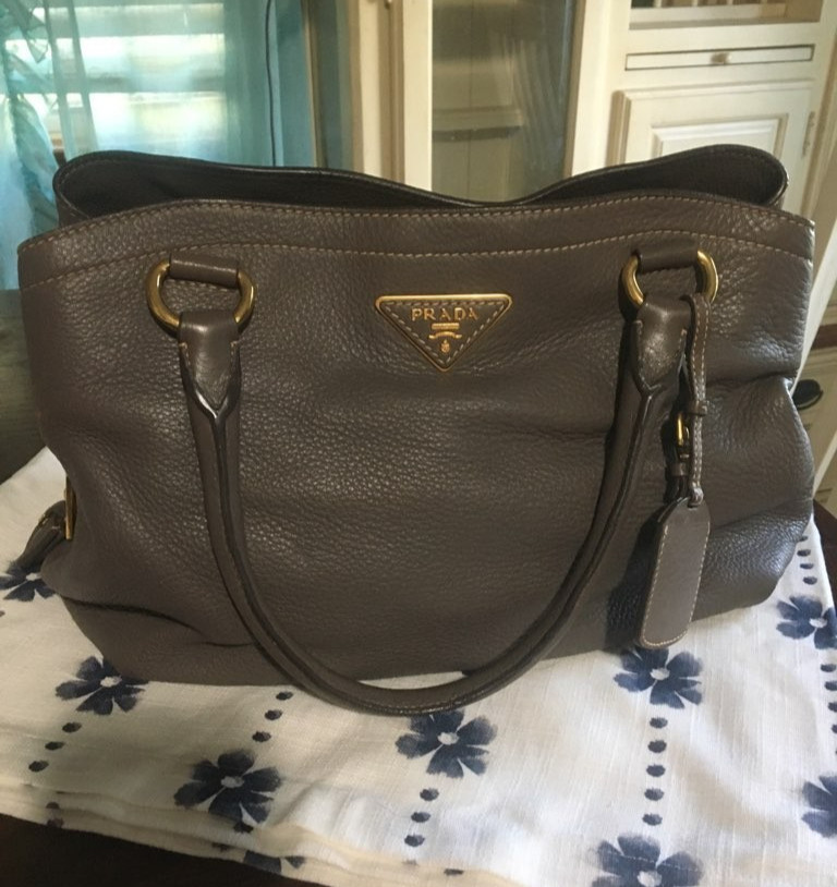 Authentic Prada  Vitello Calf Leather Tote Handbag Leather Gray Brown EUC 