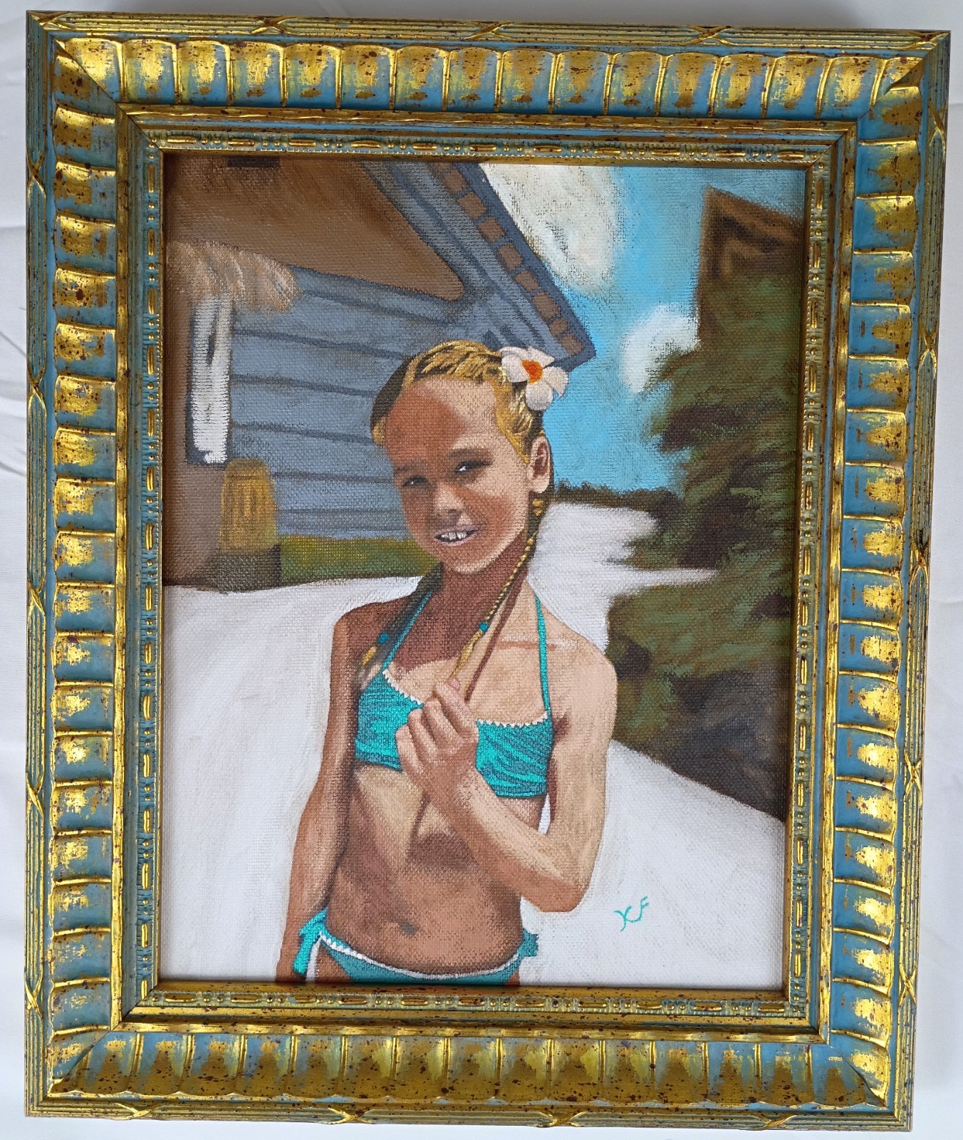 Original Beach Portrait Oil Painting Framed Girl Child Tropical Fine Art Unique