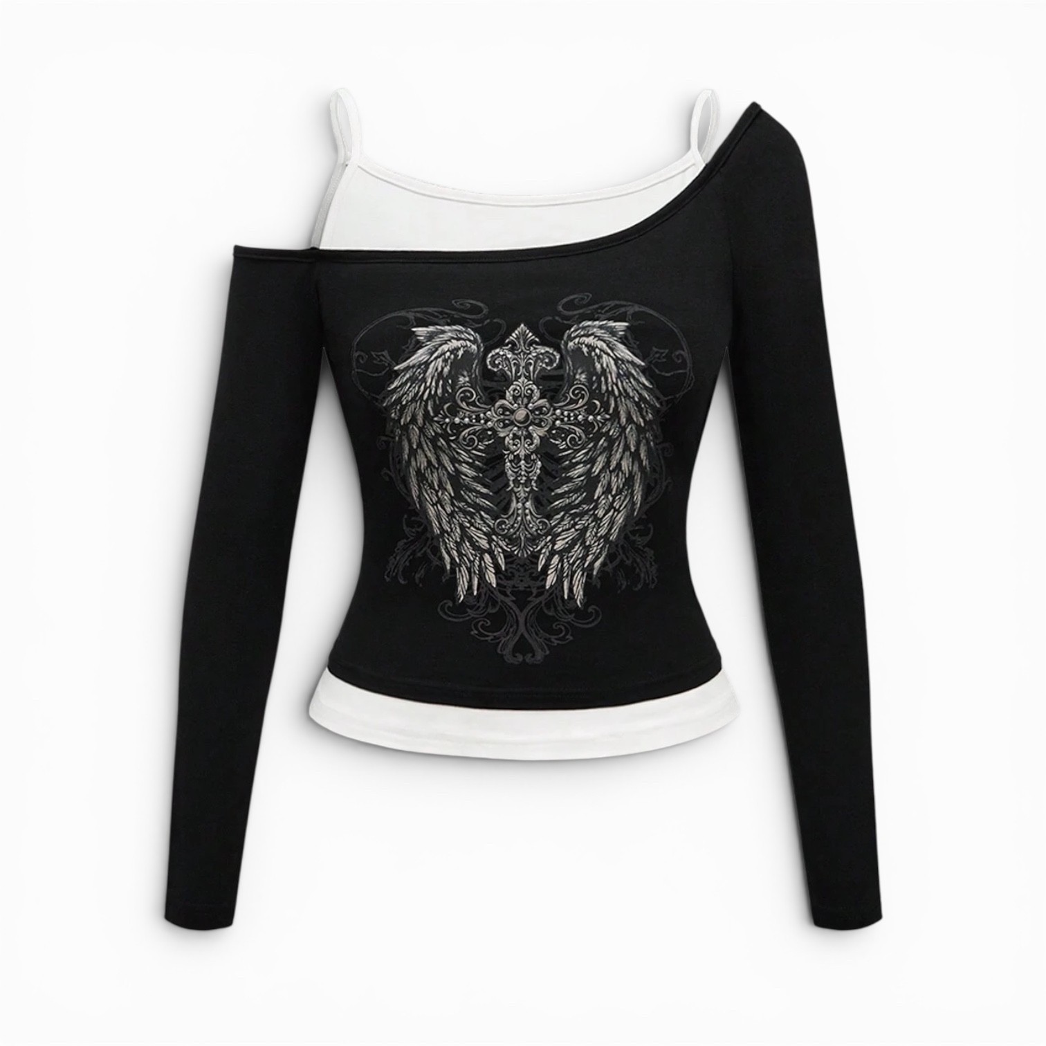 ROMWE Gothic Rhinestone Cross Wing One Shoulder Long Sleeve Top M NWT