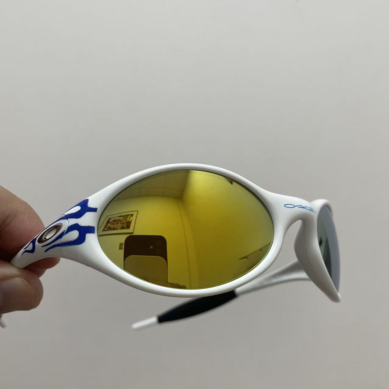 Retro Oakley Eye Jacket Blue Fire Sunglasses White Frames Gold Lenses Y2K