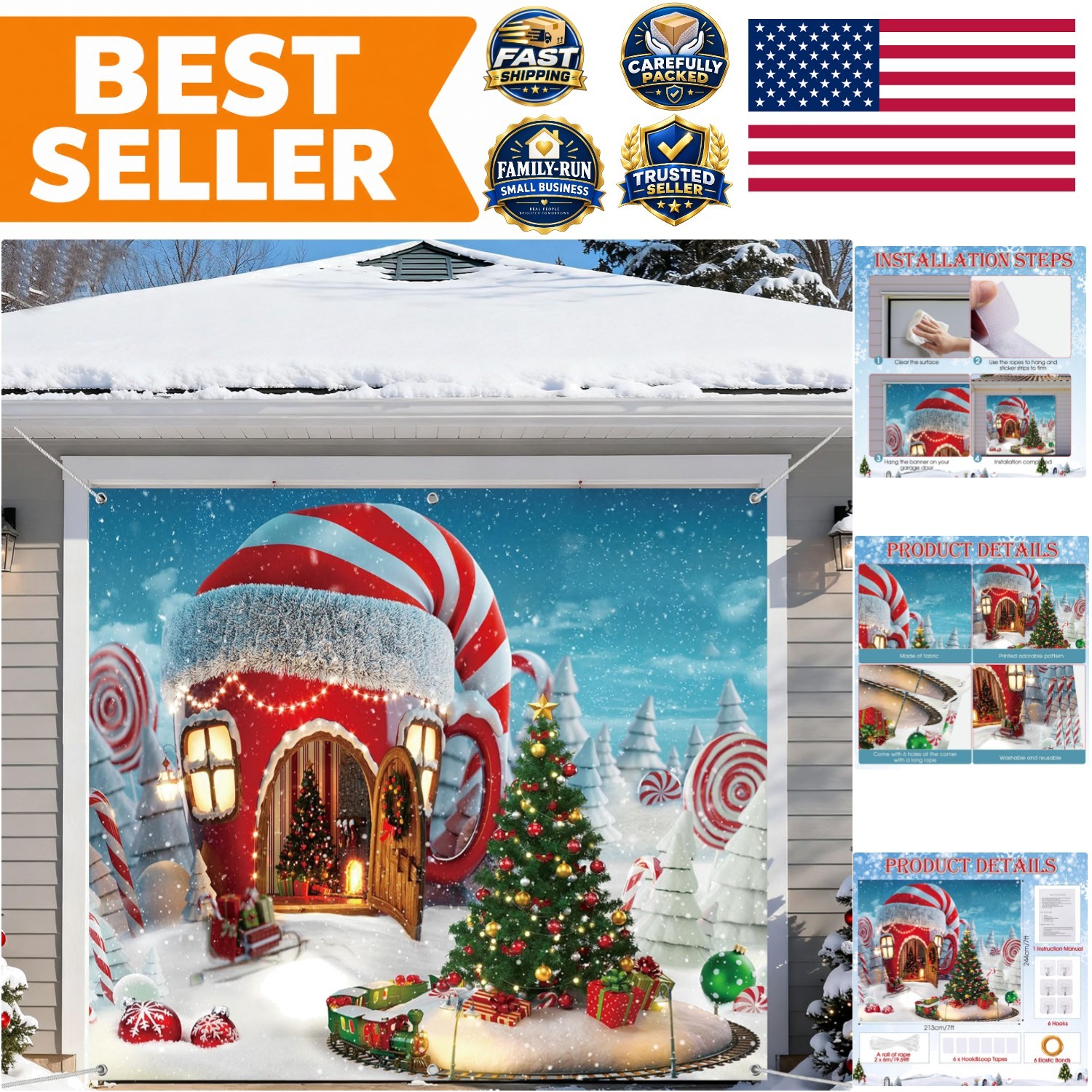 Festive 7 x 8 ft Christmas Garage Door Decorations - Indoor/Outdoor Banner