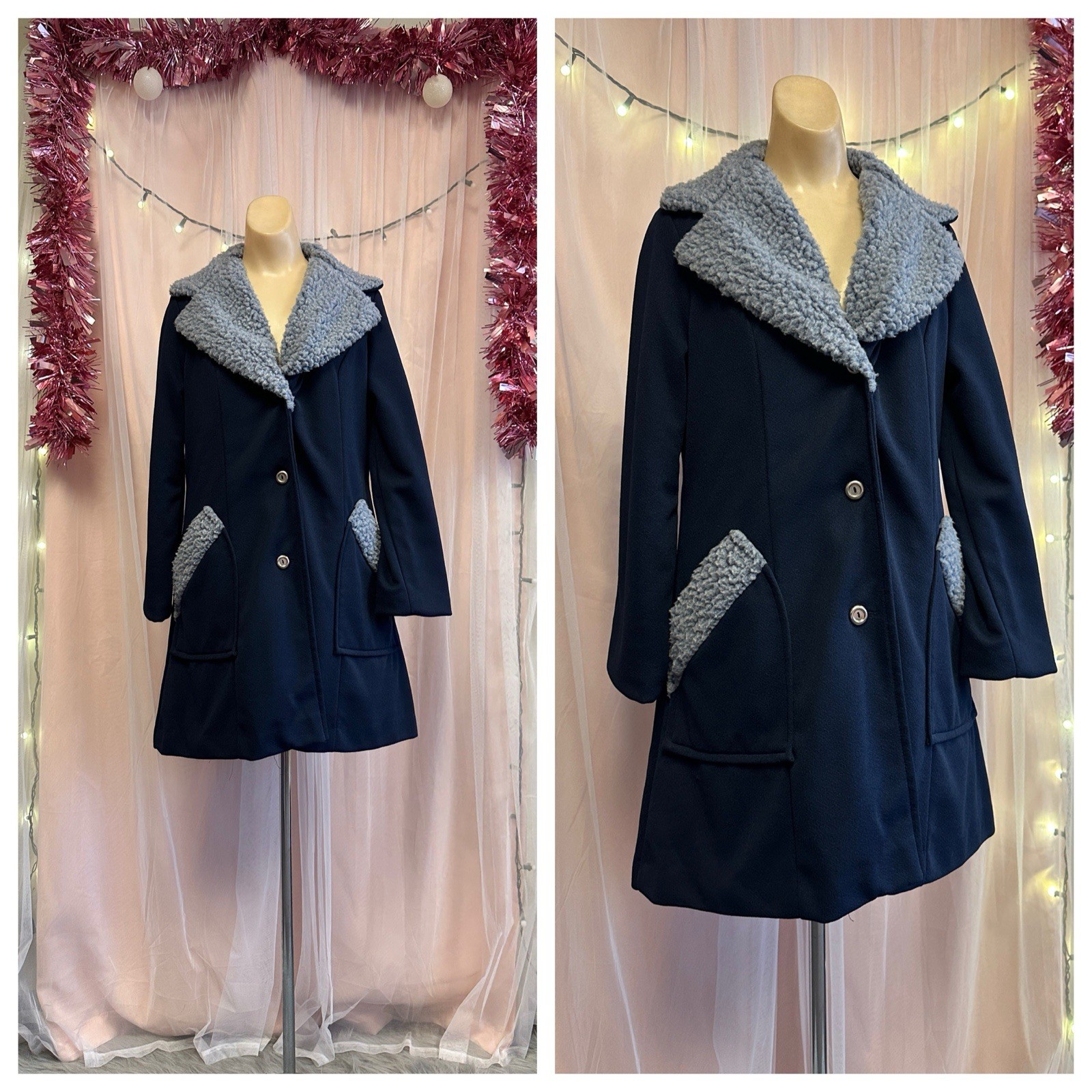 Vintage 60s 70s Princess Coat Jacket Navy Blue Faux Sherpa Mod Retro M/L