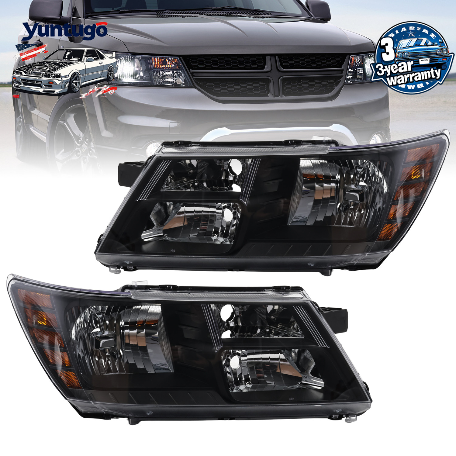 Pair Left Right Headlights For 2009-2020 Dodge Journey Black Trim