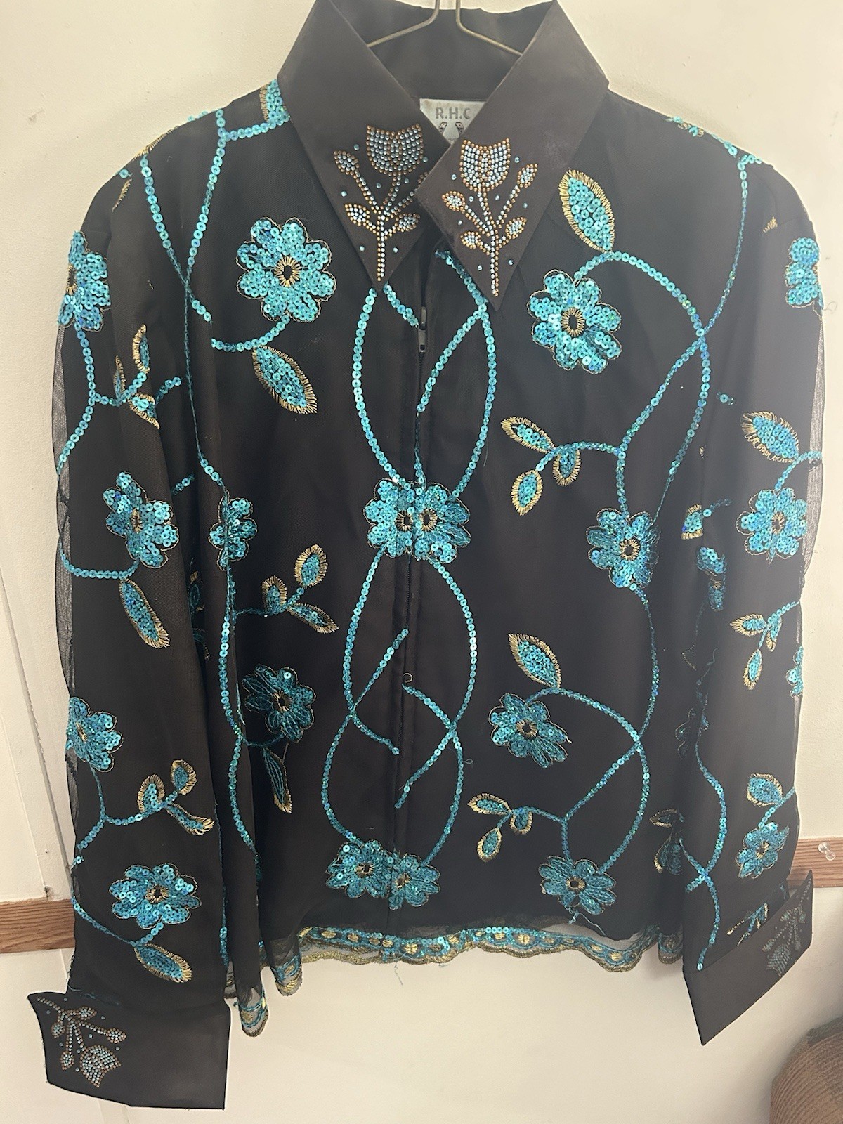 R.H.C Equestrian Girls XL Black Western Show Shirt Turquoise Sequin Floral R.H.C Equestrian Girls XL Black Western Show Shirt Turquoise Sequin Floral