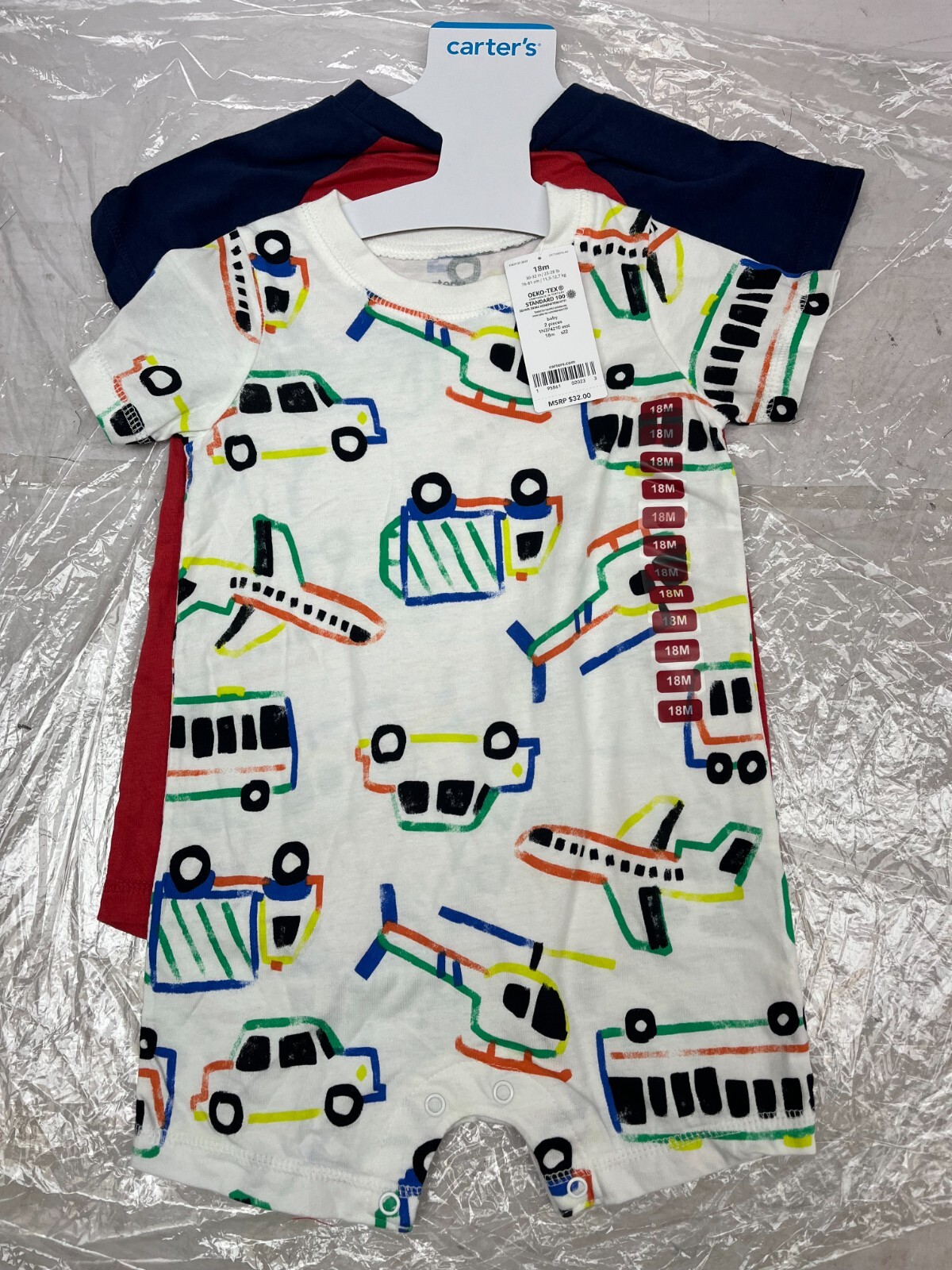 New Carters Baby Boys 18 Months Snap On Romper White W/ Vehicles Red 2 Pack AM33 New Carters Baby Boys 18 Months Snap On Romper White W/ Vehicles Red 2 Pack AM33