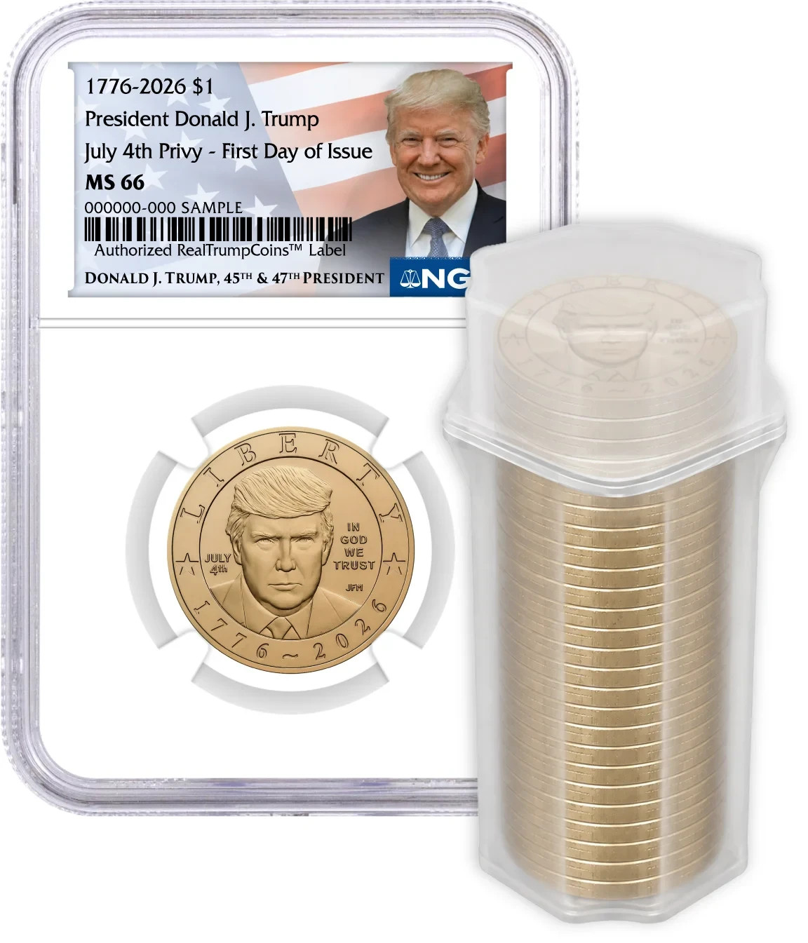 1776-2026 $1 Donald J. Trump July 4th Privy NGC MS66 First Day of Issue