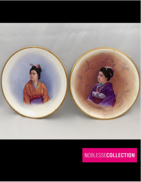 LOUIS PIERRE MALPASS ANTIQUE 1900 PAIR OF FRENCH FAIENCE PLATES JAPANESE STYLE