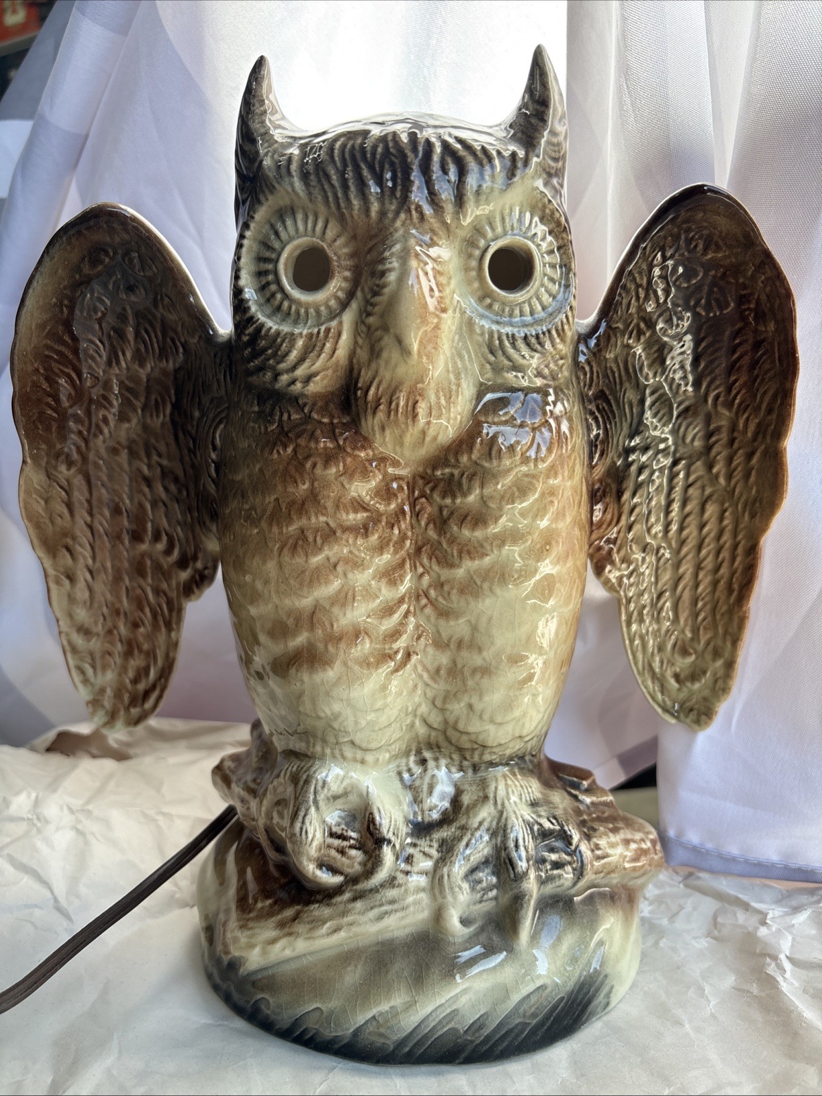 Vintage MCM Howard Kron Great Horned Owl Spooky Halloween Light Up TV Lamp Works