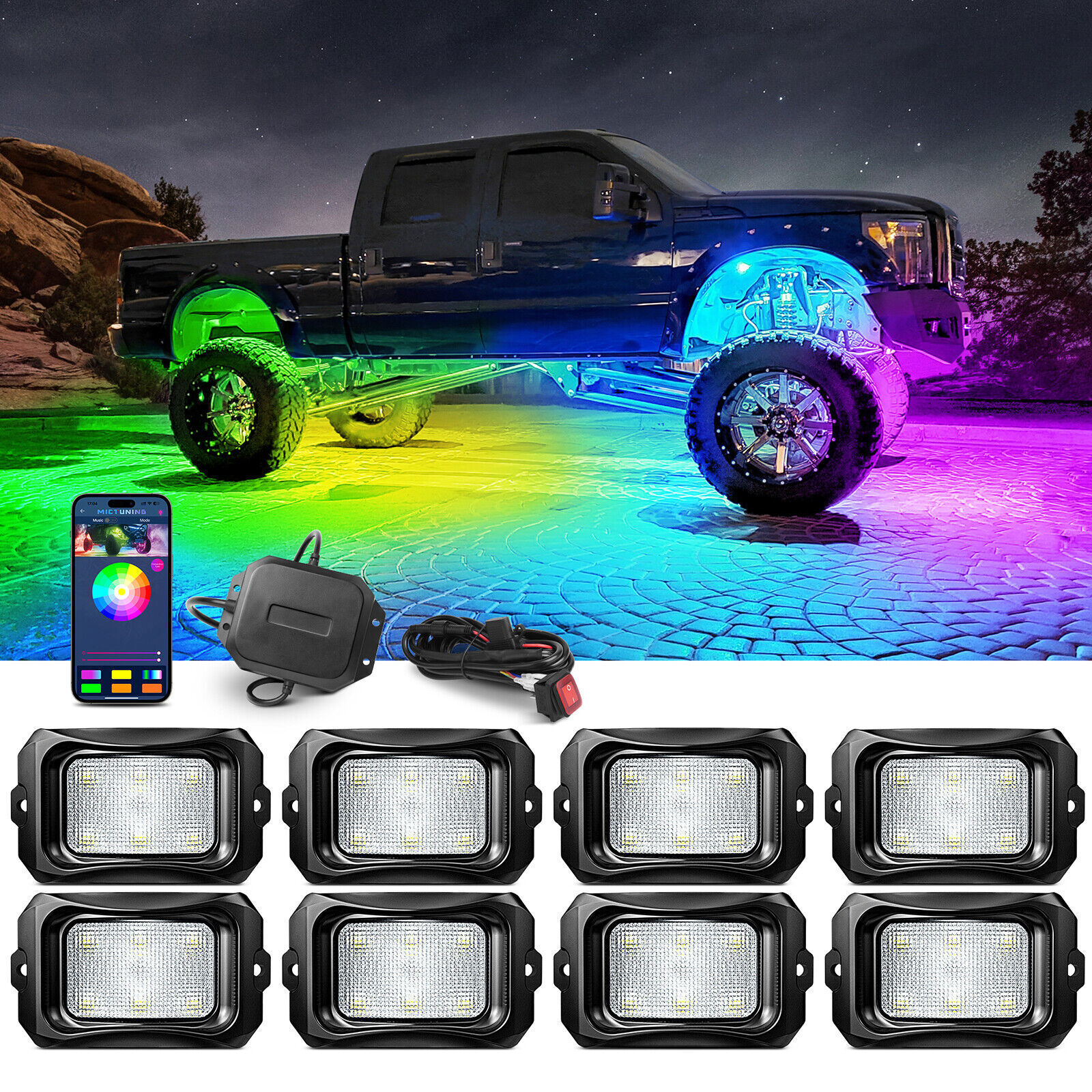MICTUNING C2 Max RGB+IC Chasing Color Rock Lights Kit 12-24 Pods,IP68 Waterproof MICTUNING C2 Max RGB+IC Chasing Color Rock Lights Kit 12-24 Pods,IP68 Waterproof