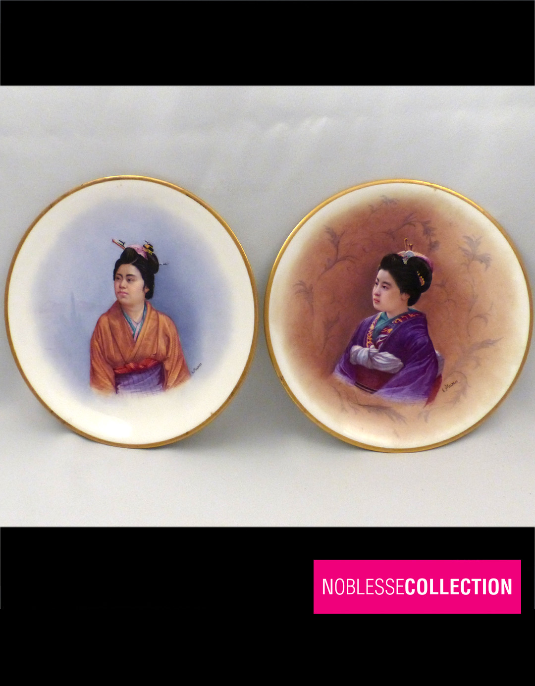LOUIS PIERRE MALPASS ANTIQUE 1870 PAIR OF FRENCH PORCELAIN PLATES JAPANESE STYLE