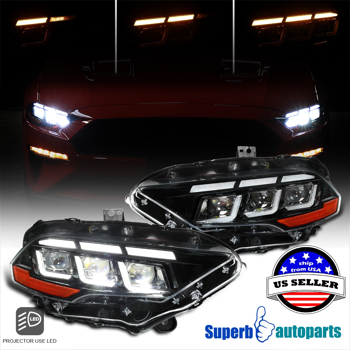 For 2018-2023 Ford Mustang Full LED Projector Headlights Switchback Sequential For 2018-2023 Ford Mustang Full LED Projector Headlights Switchback Sequential