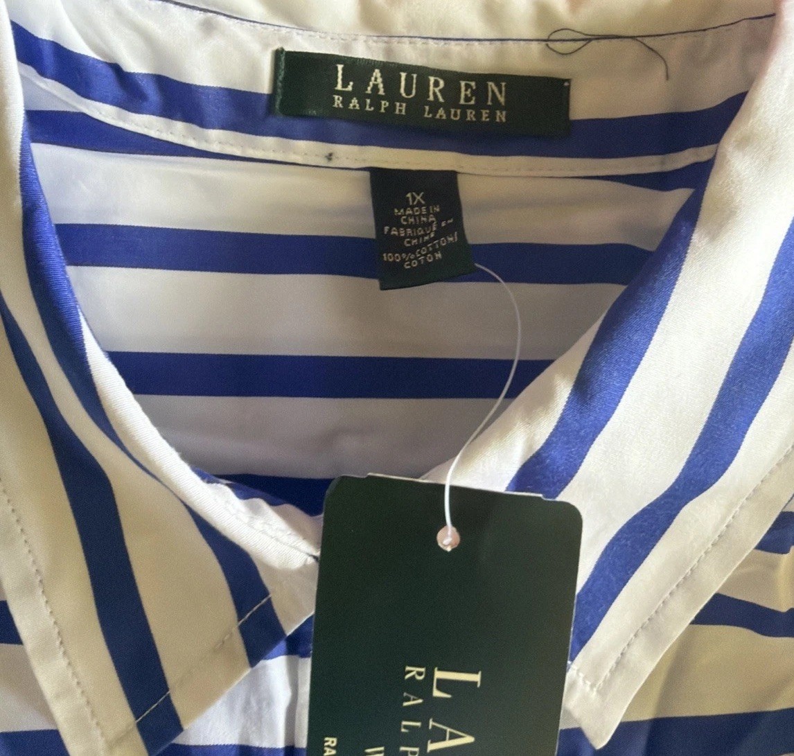 NWT Lauren Ralph Lauren Women\'s Striped Button Down Shirt Blue White Size 1X New NWT Lauren Ralph Lauren Women\'s Striped Button Down Shirt Blue White Size 1X New