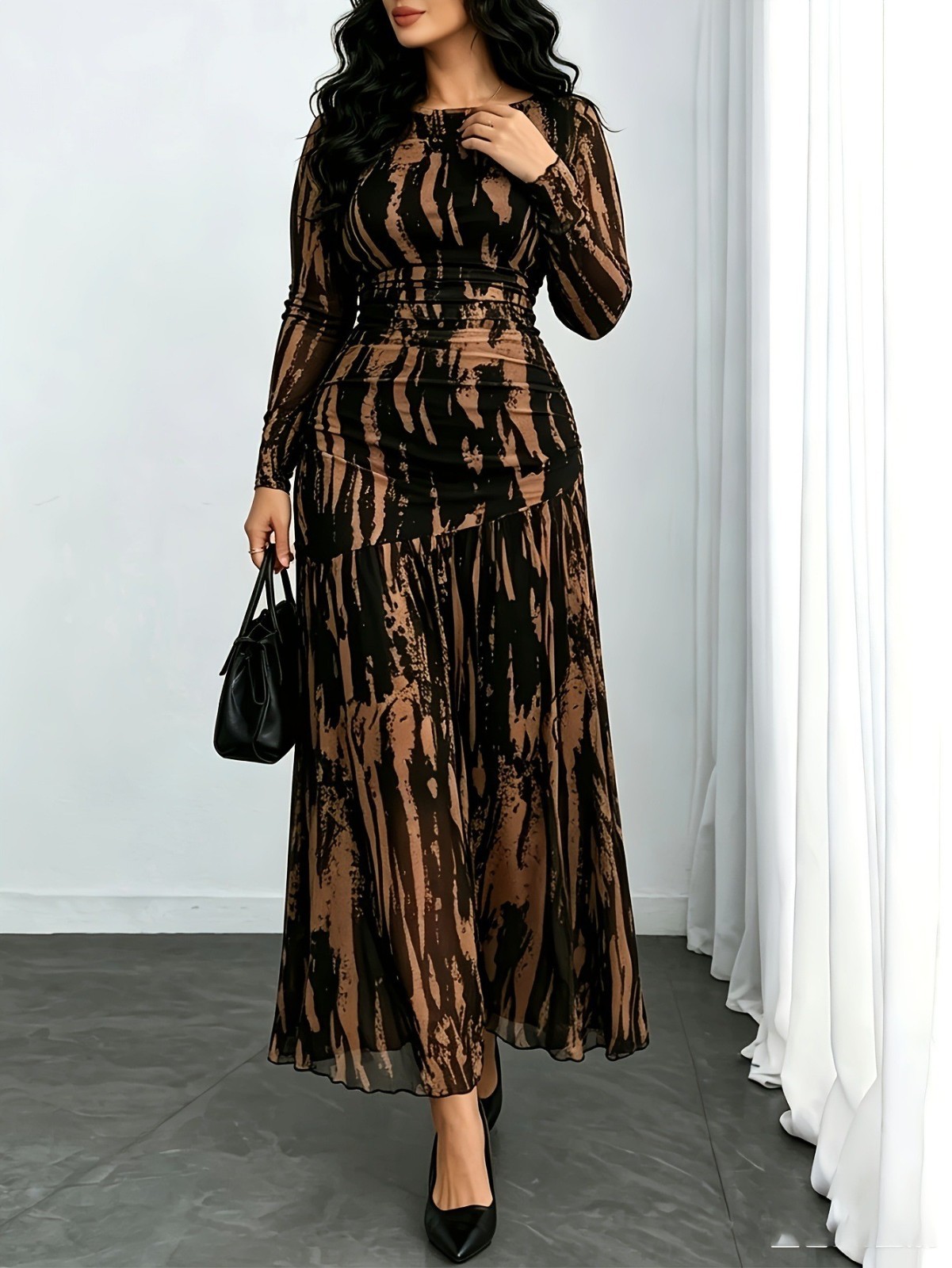 Women’s Long Sleeve Printed Maxi Dress Waist Cinching Casual Party Dress