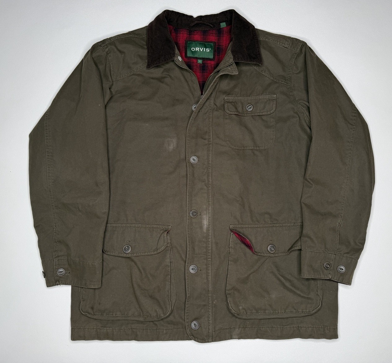 Orvis Classic Barn Coat Field Chore Jacket Plaid Red Flannel Lining | L