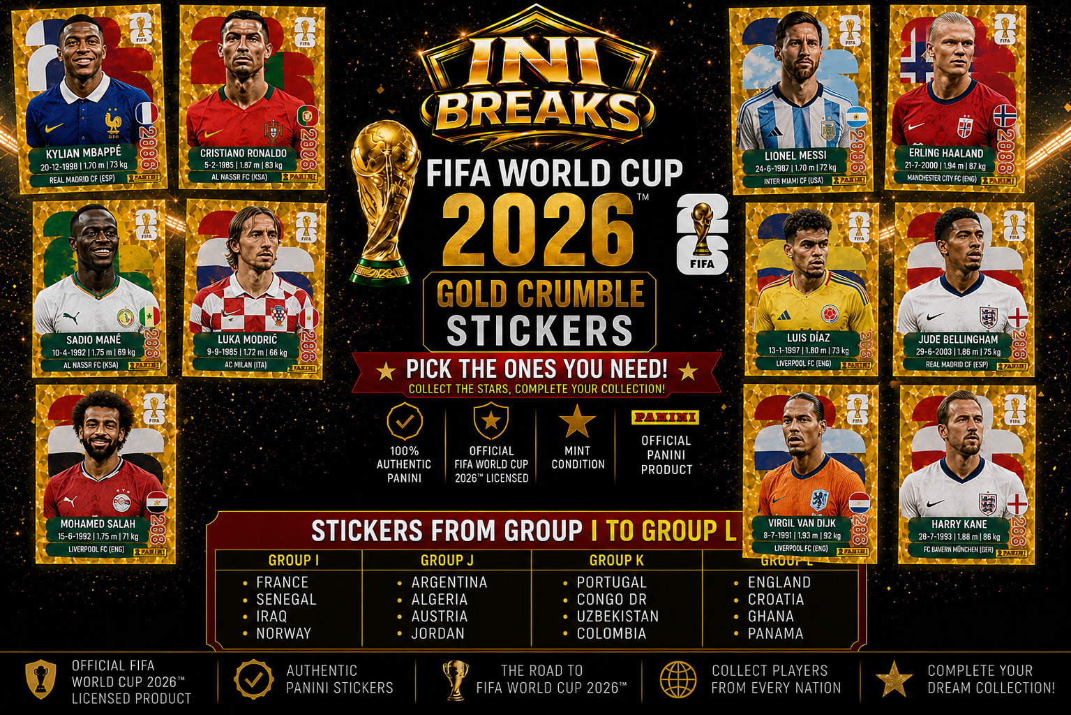 Panini FIFA World Cup 2026 Gold Crumple Stickers-Group I-L--Pick your Player Panini FIFA World Cup 2026 Gold Crumple Stickers-Group I-L--Pick your Player