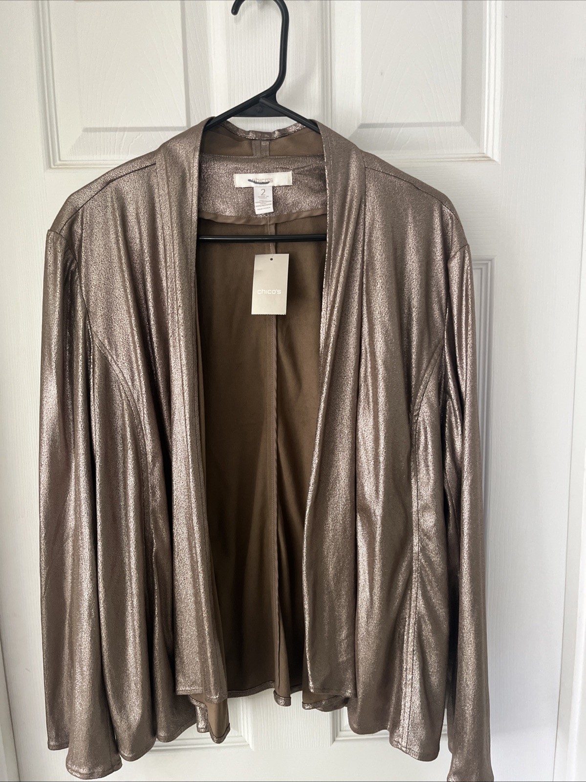 Chico’s Womens Large Sz 2 Gold Metallic Crackle Faux Leather Poly Blazer NWT
