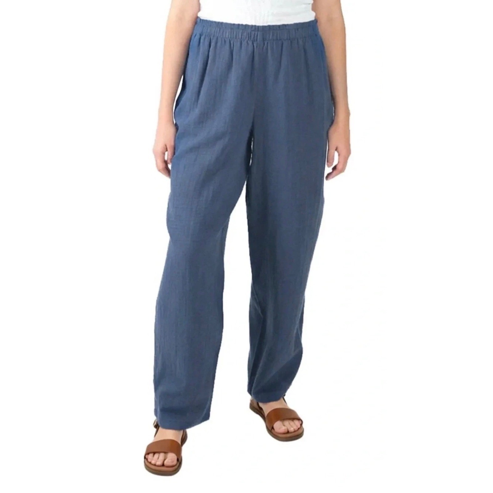 NWT Coldwater Creek Blue Cotton Gauze Pull-On Pant XXL Relaxed Straight Leg Boho