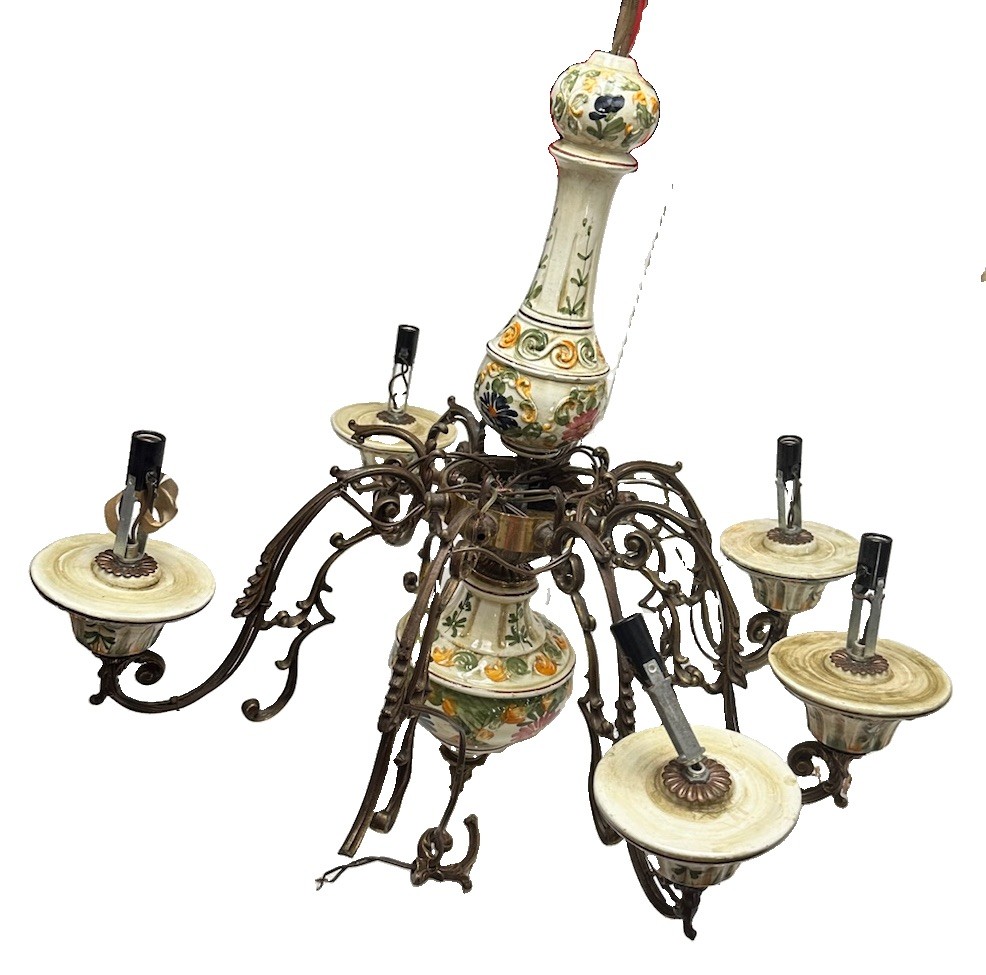 Vintage Italian Capodimonte Style 5 Light Porcelain Brass Floral Chandelier READ
