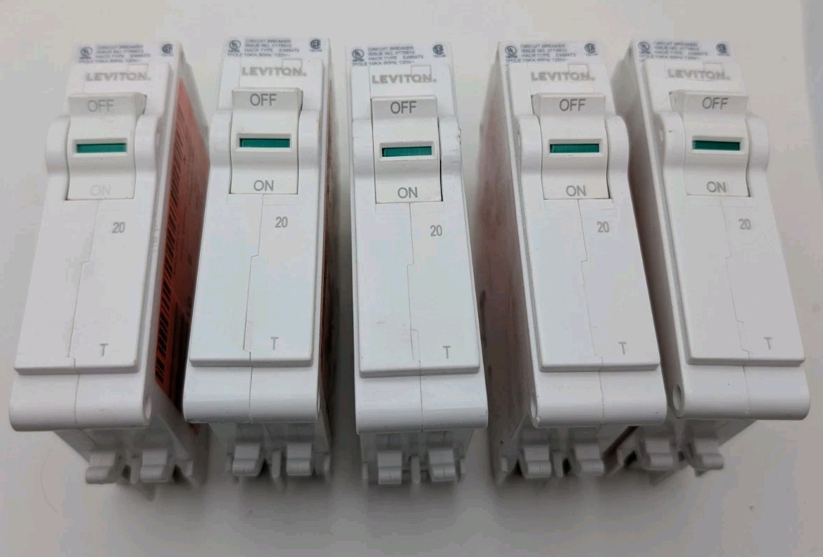 Lot of 5 Leviton LB120-T 20A 1-Pole Plug-On Standard Branch 20A (Storage Wear) Lot of 5 Leviton LB120-T 20A 1-Pole Plug-On Standard Branch 20A (Storage Wear)
