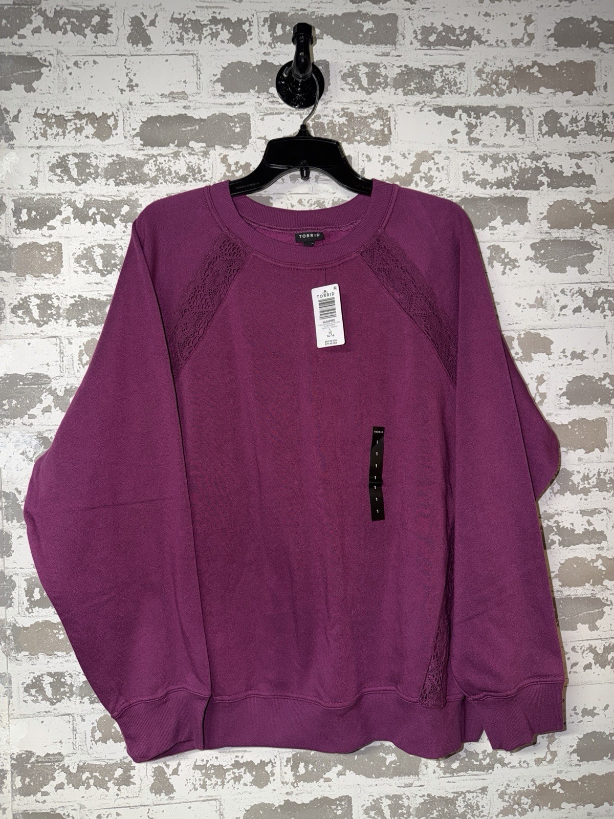 NWT Torrid Fleece Crew Neck Lace Pullover Sweater - Plum Caspia Size 1X NWT Torrid Fleece Crew Neck Lace Pullover Sweater - Plum Caspia Size 1X