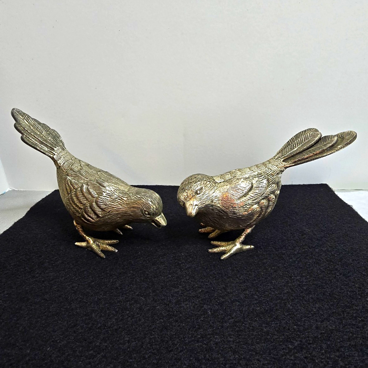 Pair of vintage silver-plated songbird figurines