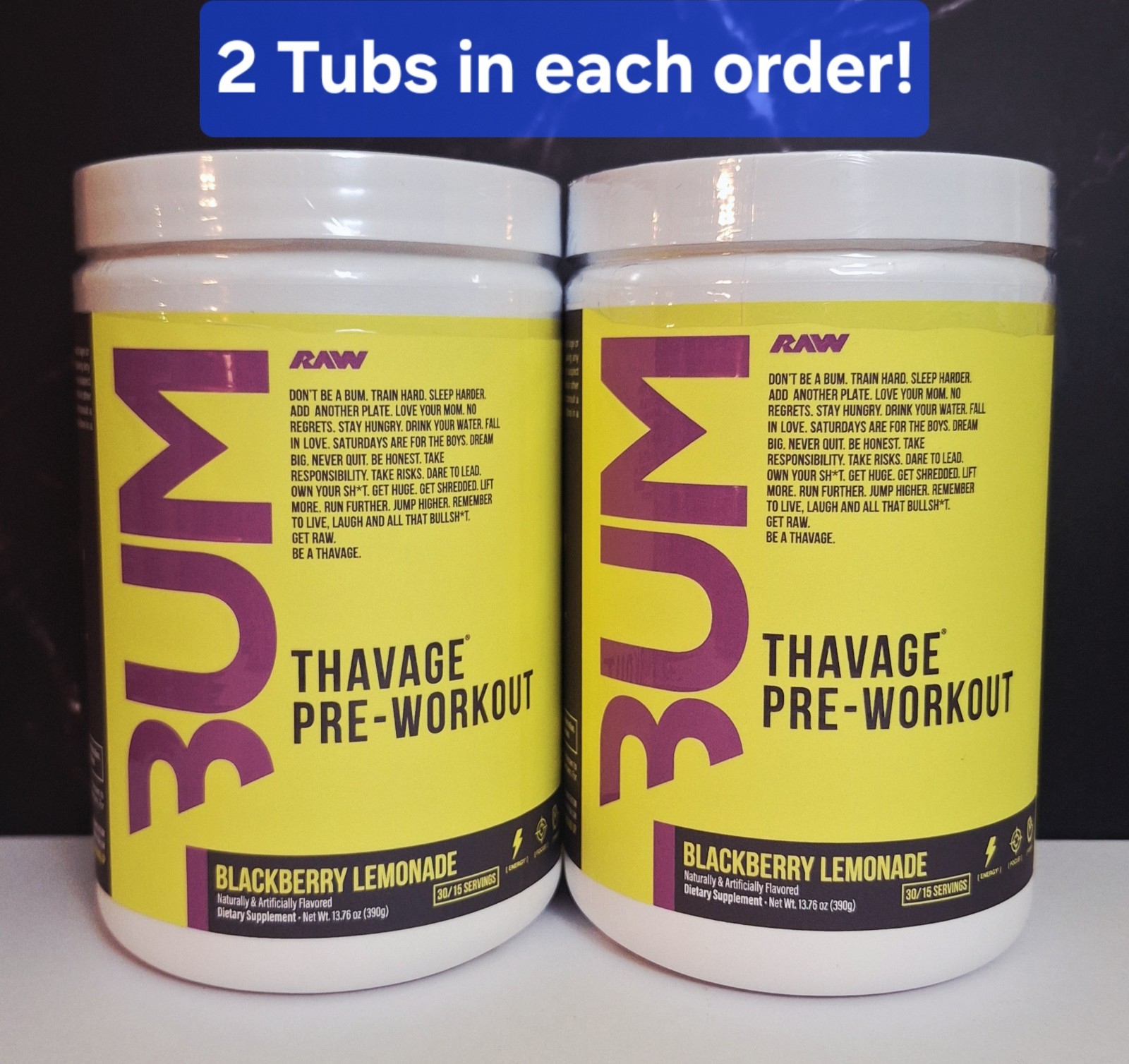 2 Tubs BUM Thavage Pre-Workout, 30 Servings, Blackberry Lemonade, RAW, 09/2027✨️