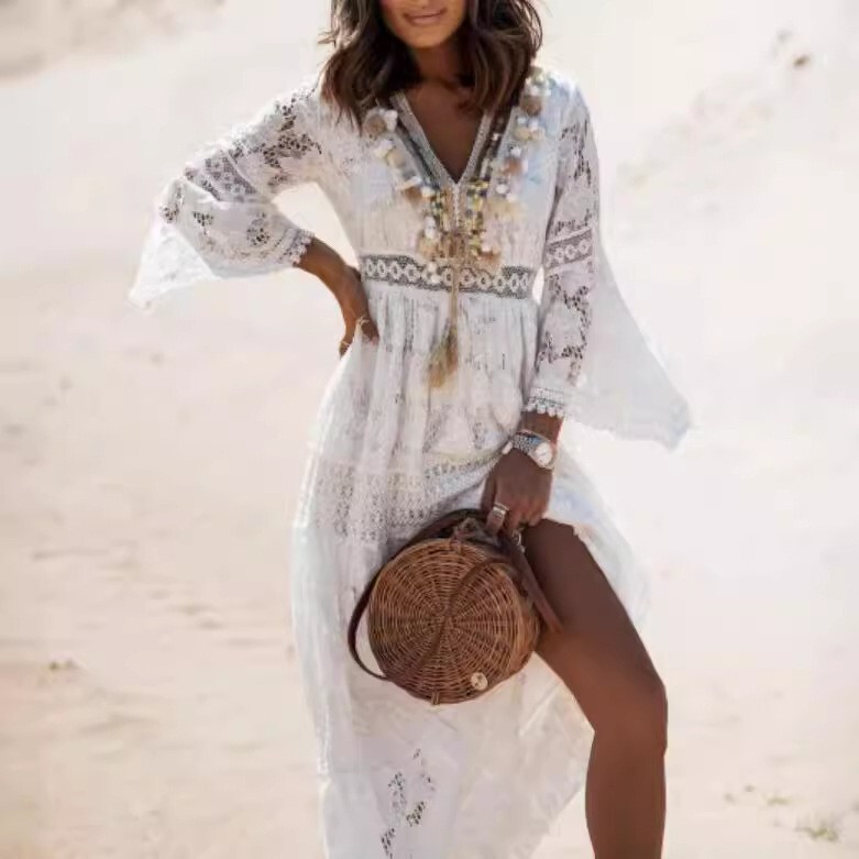 Women\'s Boho Maxi Lace V Neck Flare Sleeve Dress Summer Party Beach Sundress