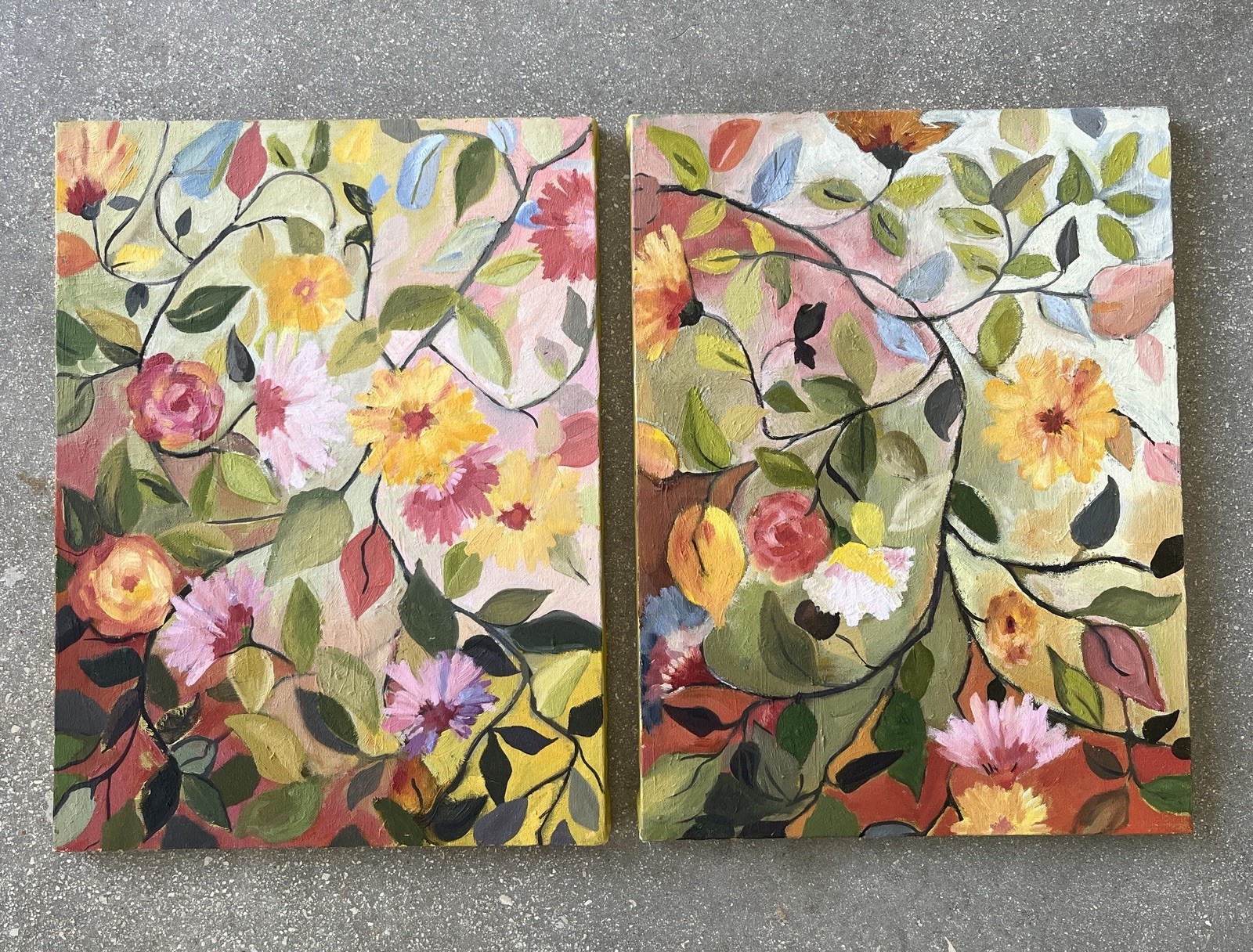 Original Oil Paintings Floral Play Diptych Collect Contemporary Fine Art