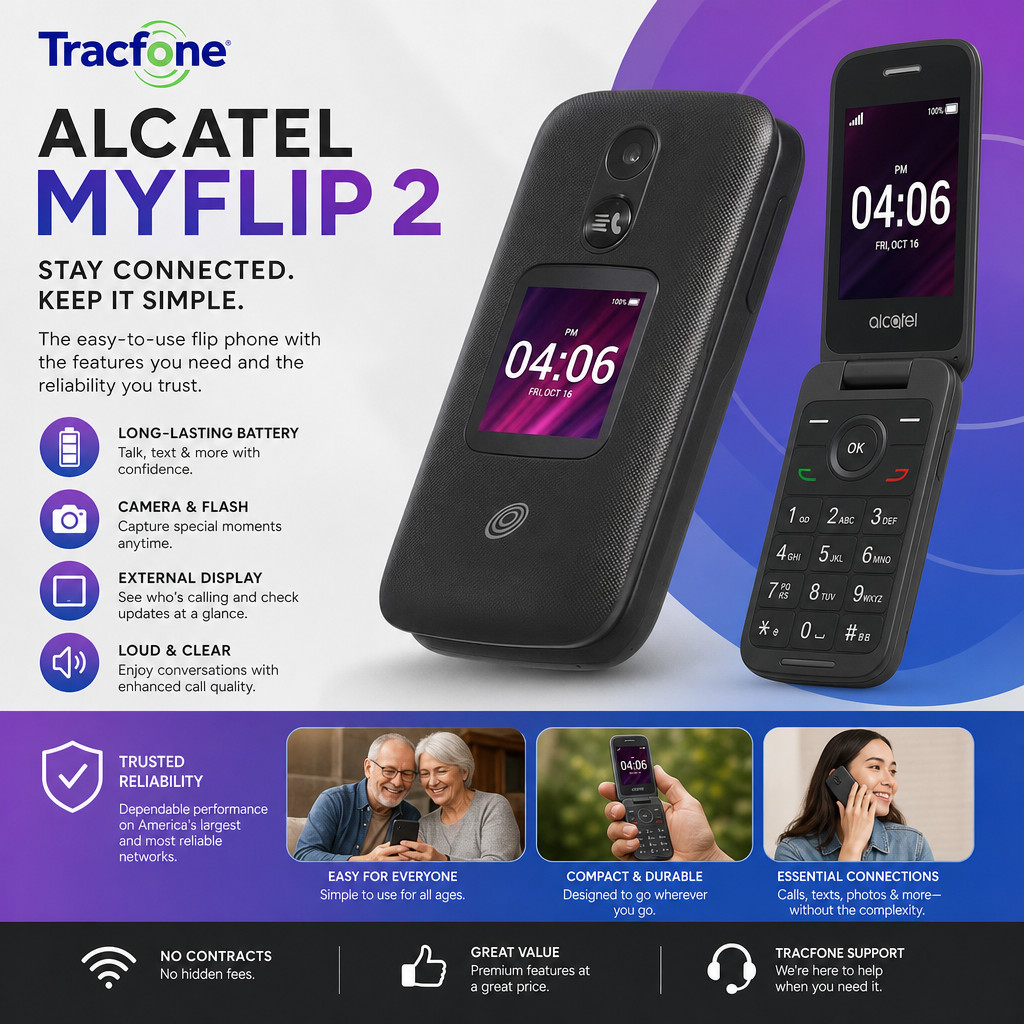 New Tracfone Alcatel MY FLIP 2 Cellular Phone 4G LTE 2MP Never Activated