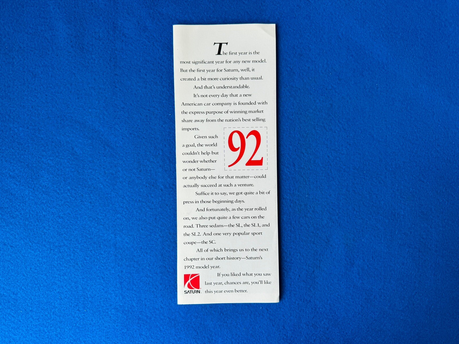 RARE 1992 Saturn Foldout Sales Advertising Brochure Featuring the SC and SL2