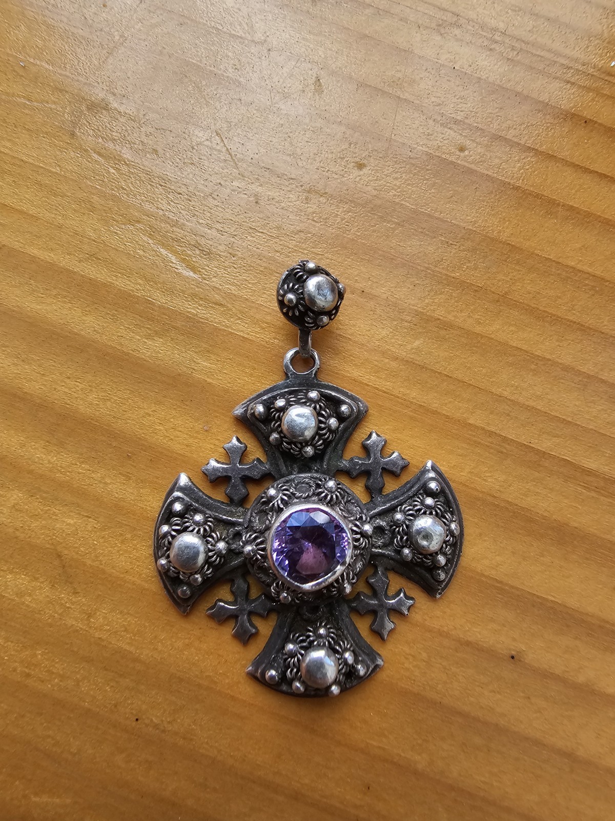 Vintage Jerusalem Cross Pendant Silver Cannetille Filigree Amethyst Purple Stone