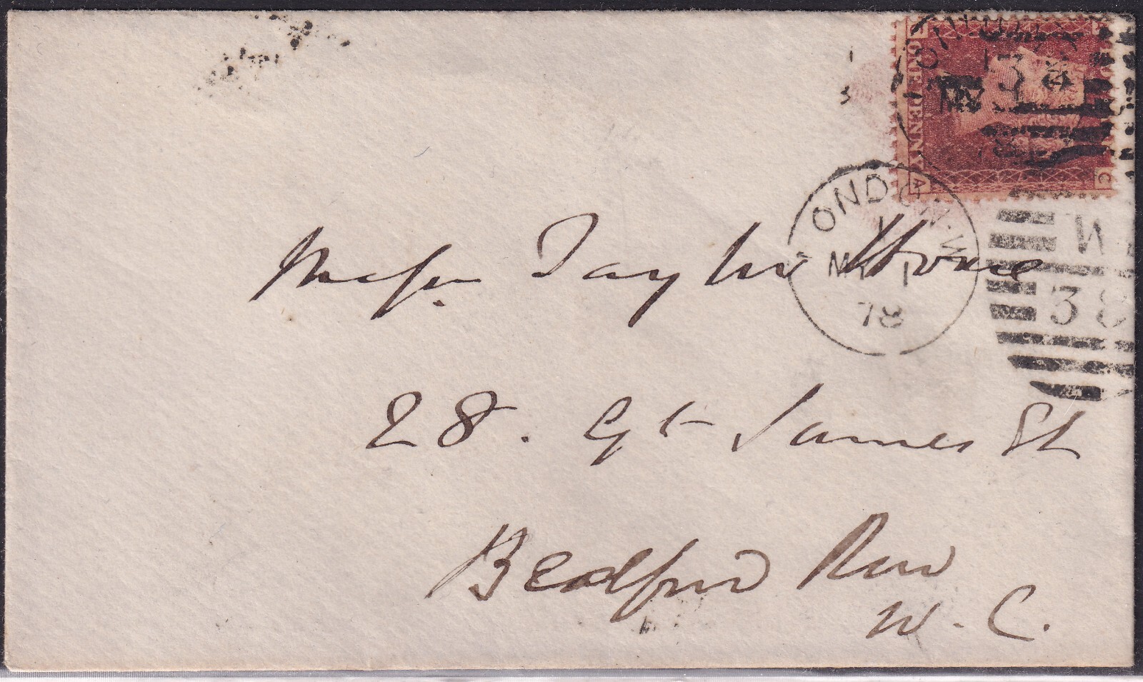 GB 1878 QV 1d rose-red Pl.174 (CA) on VF NEW EARLIEST USAGE LONDON-W / W / 38
