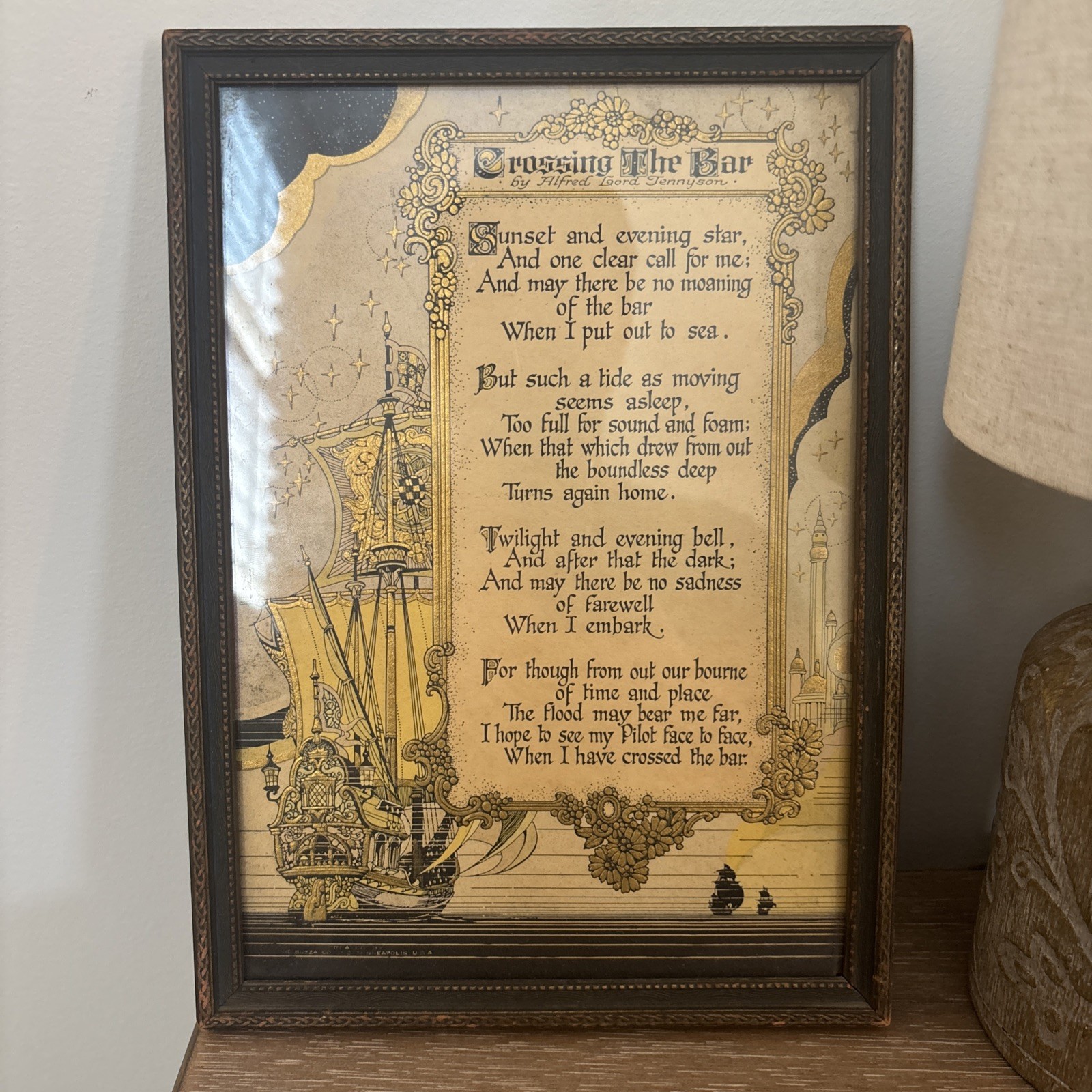 1920s Framed Alfred Lord Tennyson Poem Buzza “Crossing the Bar” Ship Art 7x10 1920s Framed Alfred Lord Tennyson Poem Buzza “Crossing the Bar” Ship Art 7x10